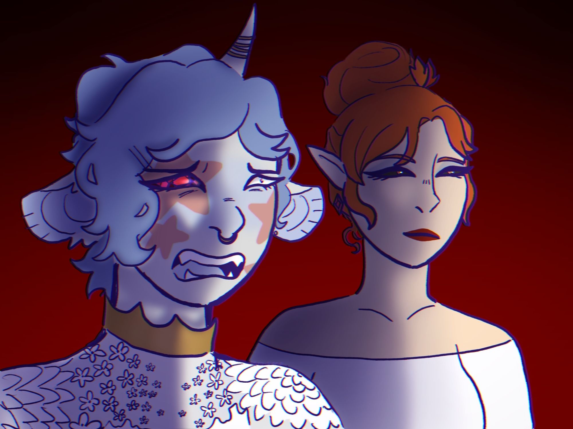 Art of Zephyr, OP's OC, and Azalea, kitsvoidcorner's OC.
Zephyr is a grey and blue unicorn centaur, while Azalea is an eladrin in her autumn form.
Zephyr looks upset as they shout for the guards, while Azalea has a smug and pleased expression because they are getting what she wants.