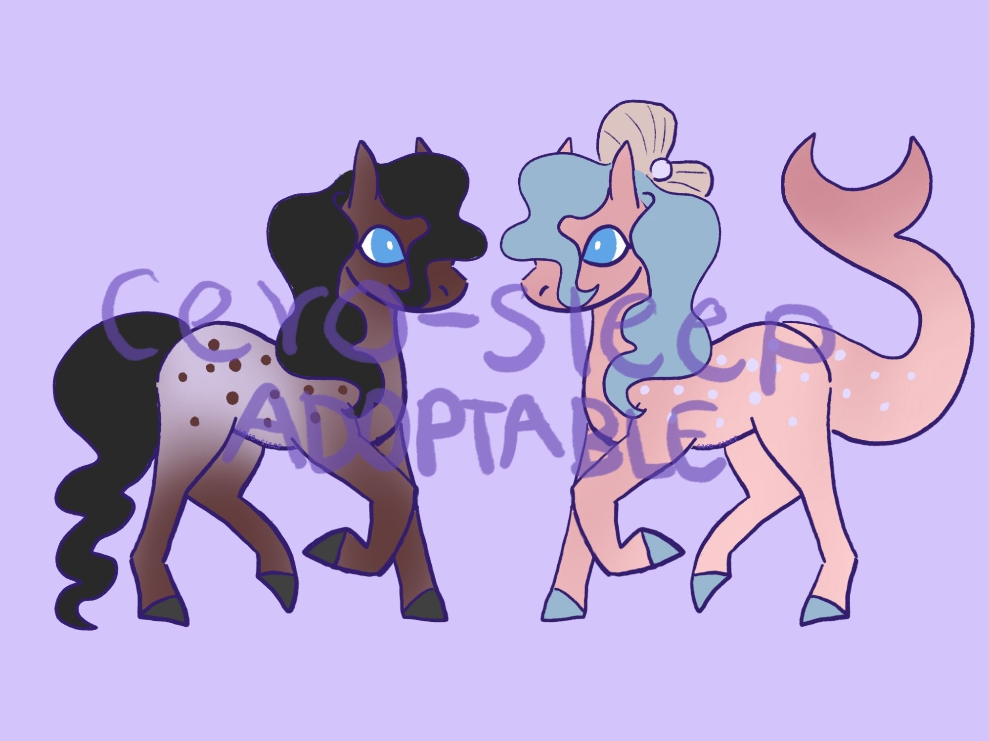 Two drawings of the two forms of the same character.
This pony is an appaloosa, being a dark bay with blue eyes, with light white and brown spots.
Their other form is pink with blue-white spots, blue hair and hooves and a clam with a pearl in their hair. They have an aquatic tail.