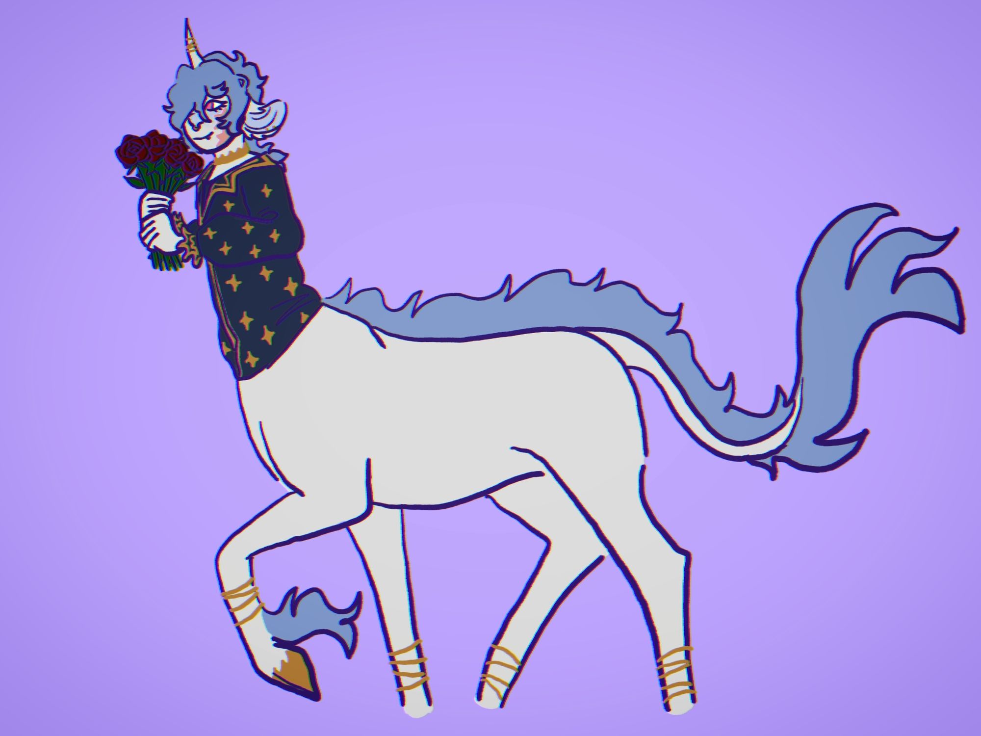 Reference for Zephyr, OP's OC.
They are a unicorn centaur, with grey almost white skin and coat, blue hair, mane and tail, and hooves painted a golden color.
In this case they wear a blue and gold long sleeved shirt, as well as jewelry including a crown on their neck.
They have fangs, their hair covers one of their eyes and have magic scars on the shape of stars.