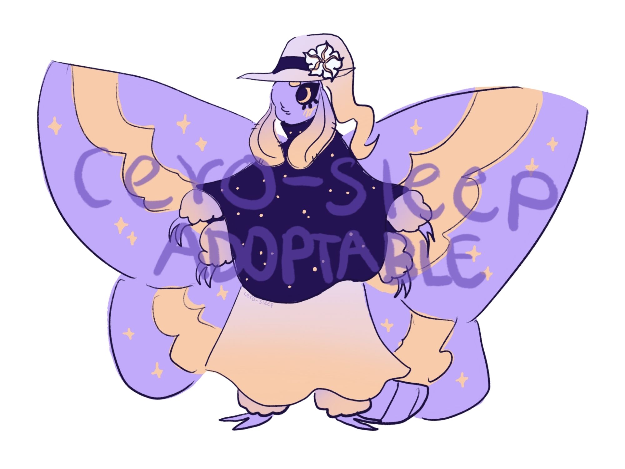 Full body reference of the first adopt. They are a furry like moth. They are pastel purple and orange. They wear a witch hat with a moonflower, a dark purple with stars top and a light purple and orange skirt. Their wings have four point stars and their antennae are down.