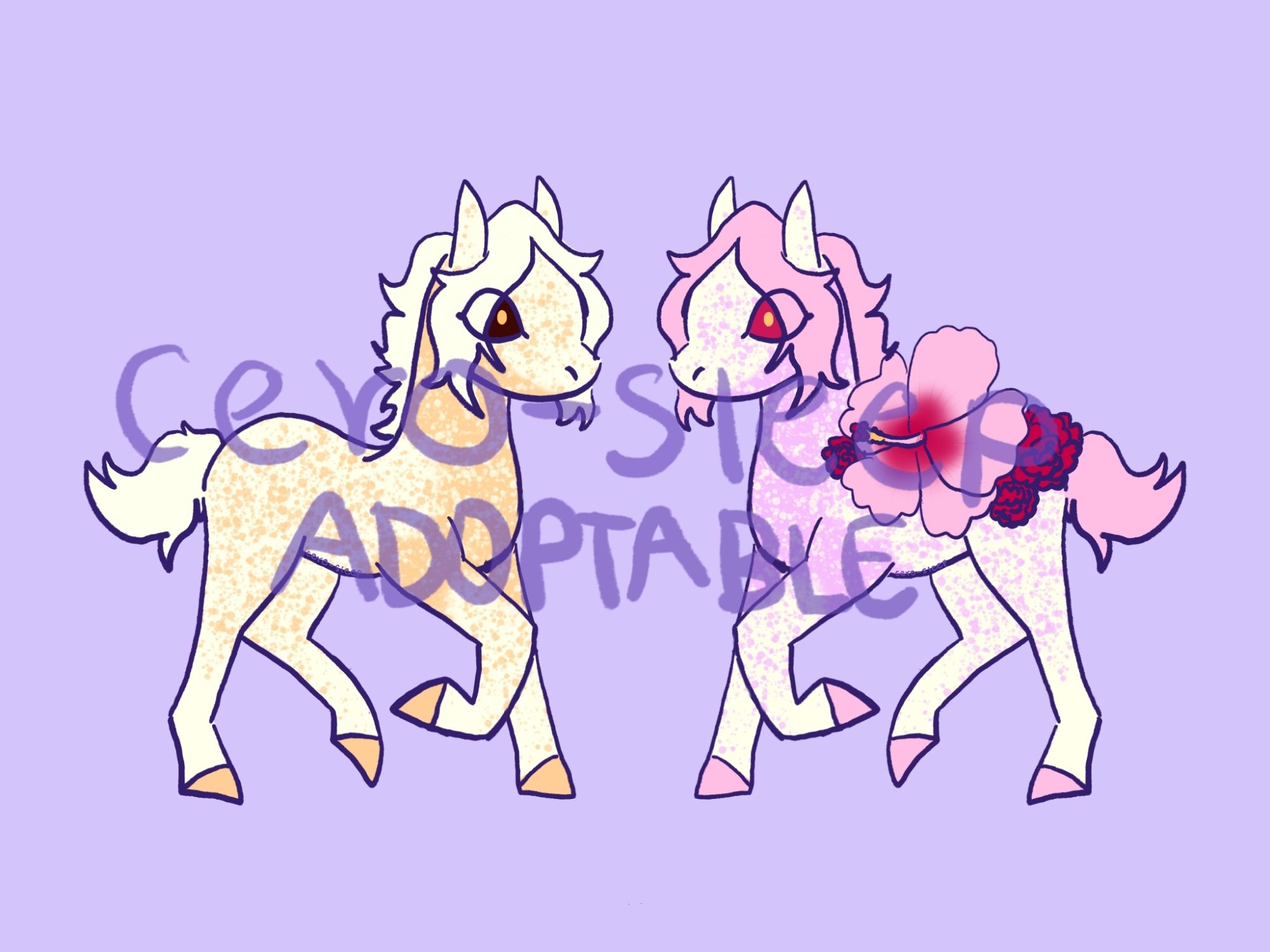 Two drawings of the two forms of the same character.
The first one is a palomino with a short mane and tail. They have brown eyes with a yellow pupil and white markings with spots.
Their other form is pink with red yes. They have roses and a big pink hibiscus flower on their back.