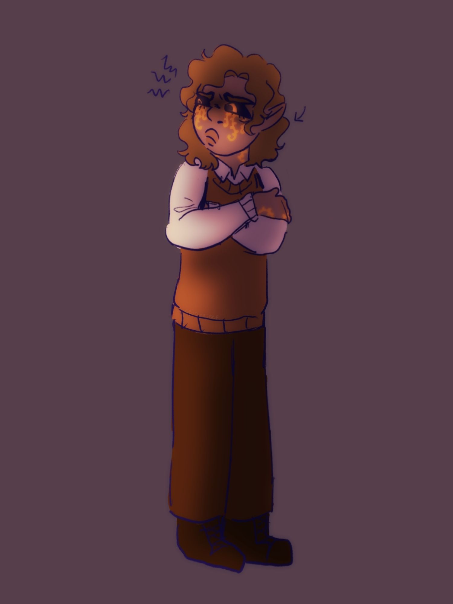 Digital art of child Lotus. 
They look angry, looking to the side with his arms crossed.
They are in his summer form, having a mainly golden color palette with some brown.
Their eyes glow, as well as the fern like markings on his skin.
He wears a sweaterlike vest, a collared shirt, pants and shoes.