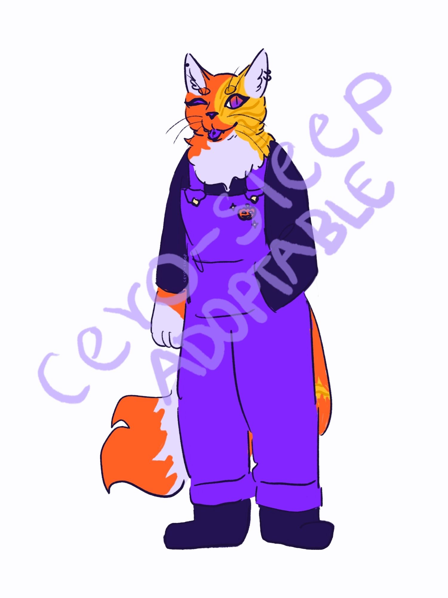 Full body reference of the third adopt. They are a furry like calico cat. The colors if their fur are those of a candy corn. They have one orange and purple eye, the other one being missing. They are sticking their tongue out, which is purple and has one piercing. They also have their ears pierced.
They wear purple overalls with a jack o lantern pin and two four point star pins. They also wear a dark purple long sleeved shirt and dark purple boots.