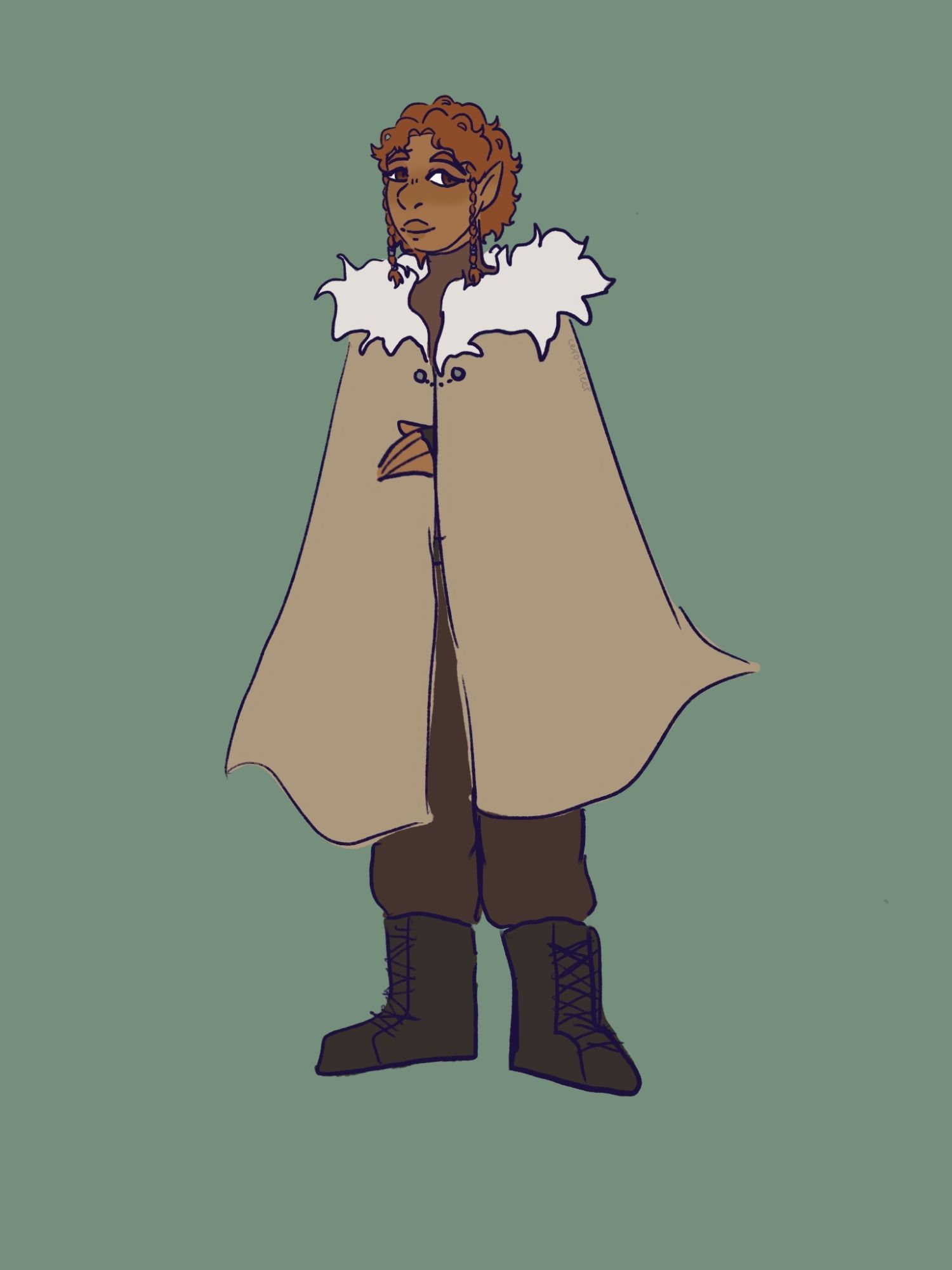 Full body colored art of Thistle, OP's OC.
She is a wood elf, having reddish-brown hair, loose with two small braids.
She wears a brown collared shirt, dark brown fingerless gloves and boots, dark brown pants, and a light brown coat with white fluff on the collar.