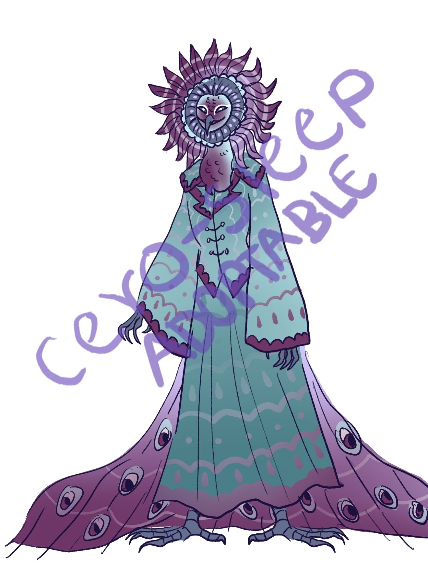 Full body reference of the first adopt. They are an eclipse peacock humanoid. They are blue, magenta and light purple, with a crown of feathers surrounding it's head and blue-magenta clothing.