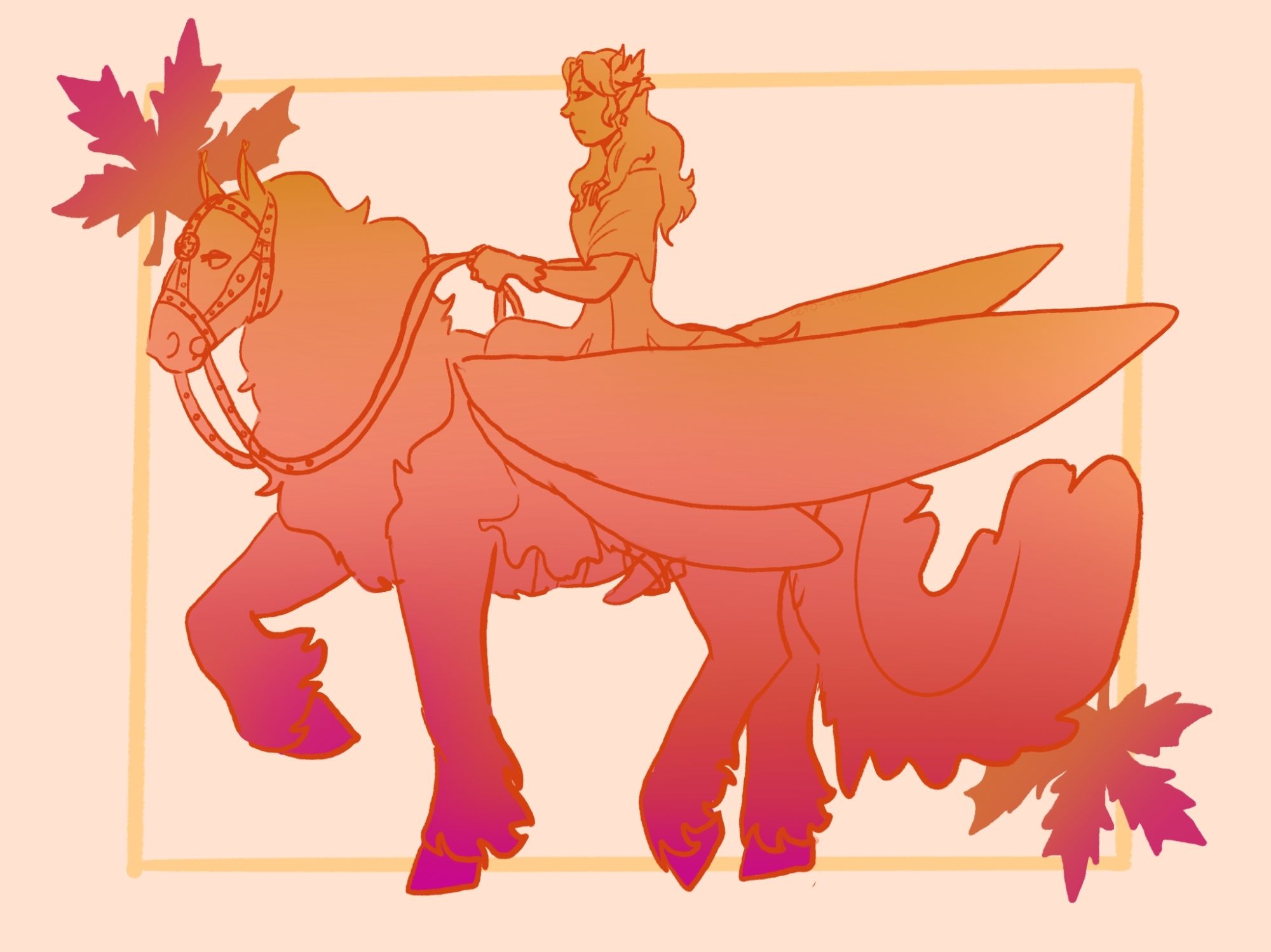 Art of Azalea, kitsvoidcorner's OC, and her steed, Maple, OP's OC.
Azalea is an eladrin, they wear a dress and riding boots. Her hair is long and loose.
She rides Maple the io moth pegasus in a side saddle. Maple is a draft pegasus.
The drawing is colored using gradients of yellows, oranges and pinks.
The background is a light orange with a yellow frame and two autumn leaves decorating two corners.