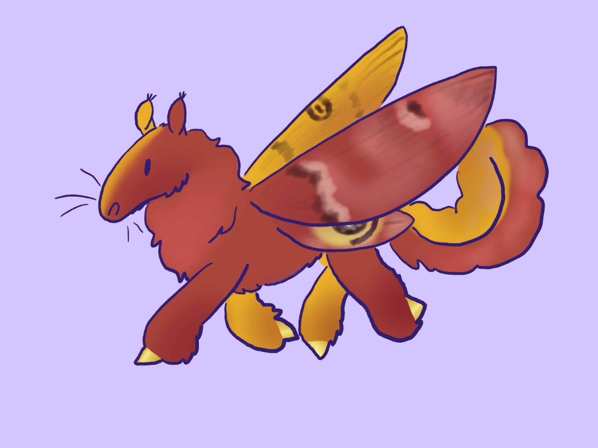 Full body drawing of Maple. They are a draft io moth horse with bilateral gynandromorphism, meaning she has one side with the male coloring and the other with the female coloring. Being reddish brown and yellow.