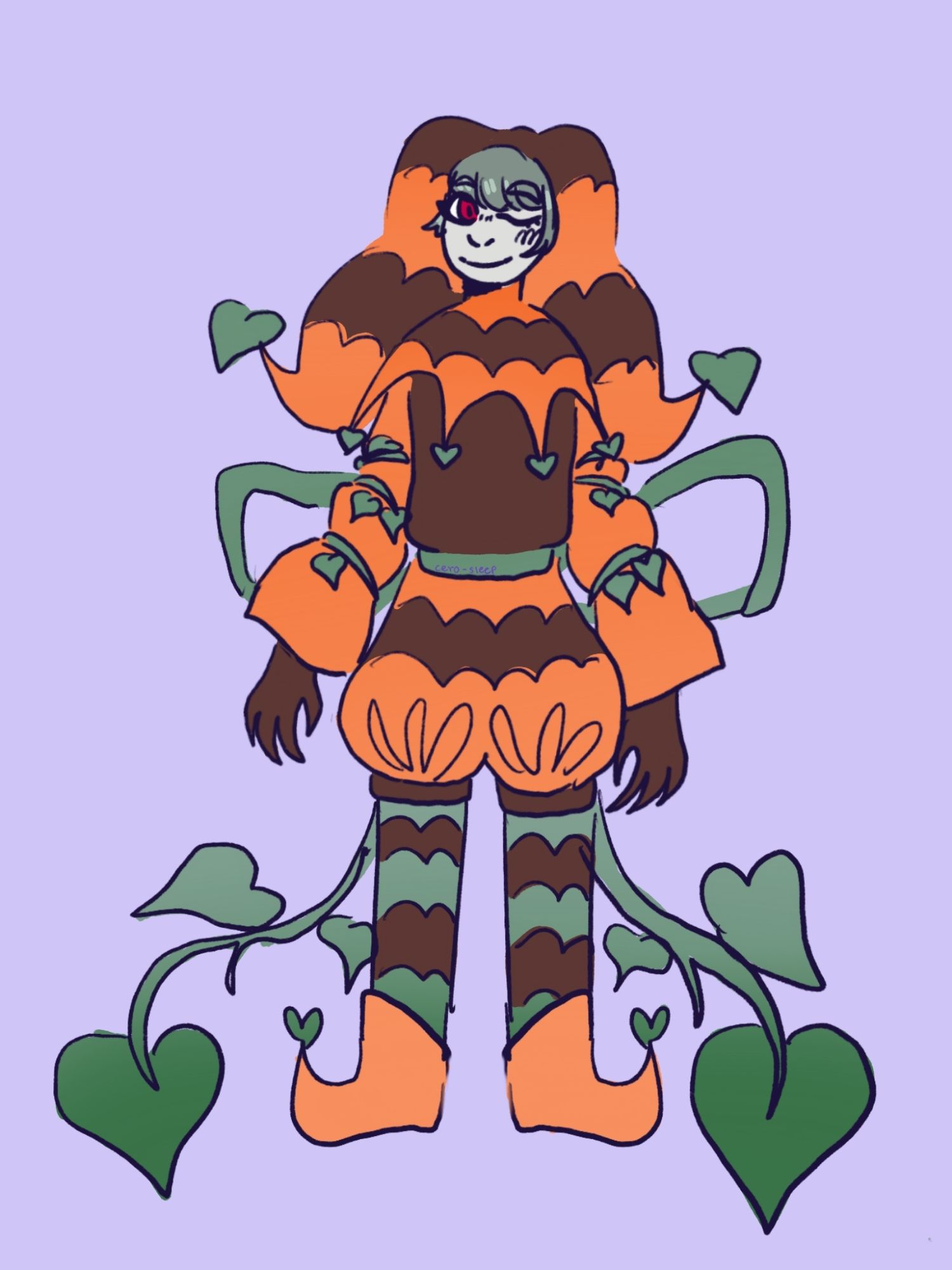 Character reference of Gloom without the mask. It is a humanoid jester themed after a pumpkin. Its outfit is orange, green and brown. It has greyish green hair with bangs, red eyes and grey skin.