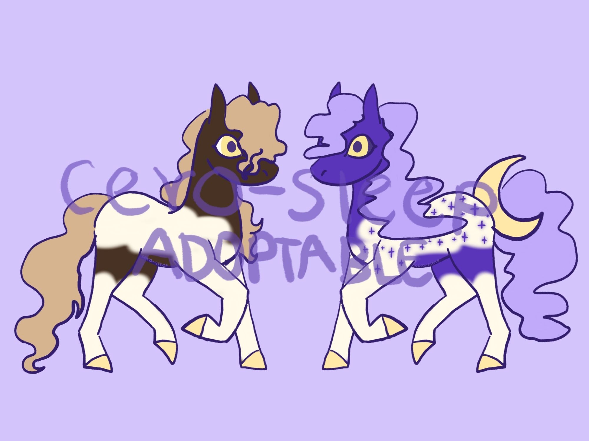 Two drawings of the two forms of the same character.
The first one is a flaxen liver chestnut with white markings and yellow eyes.
Their other form is purple with light purple cloud mane and tail. Yellow eyes a moon decoration on the tail and stars on the white markings.