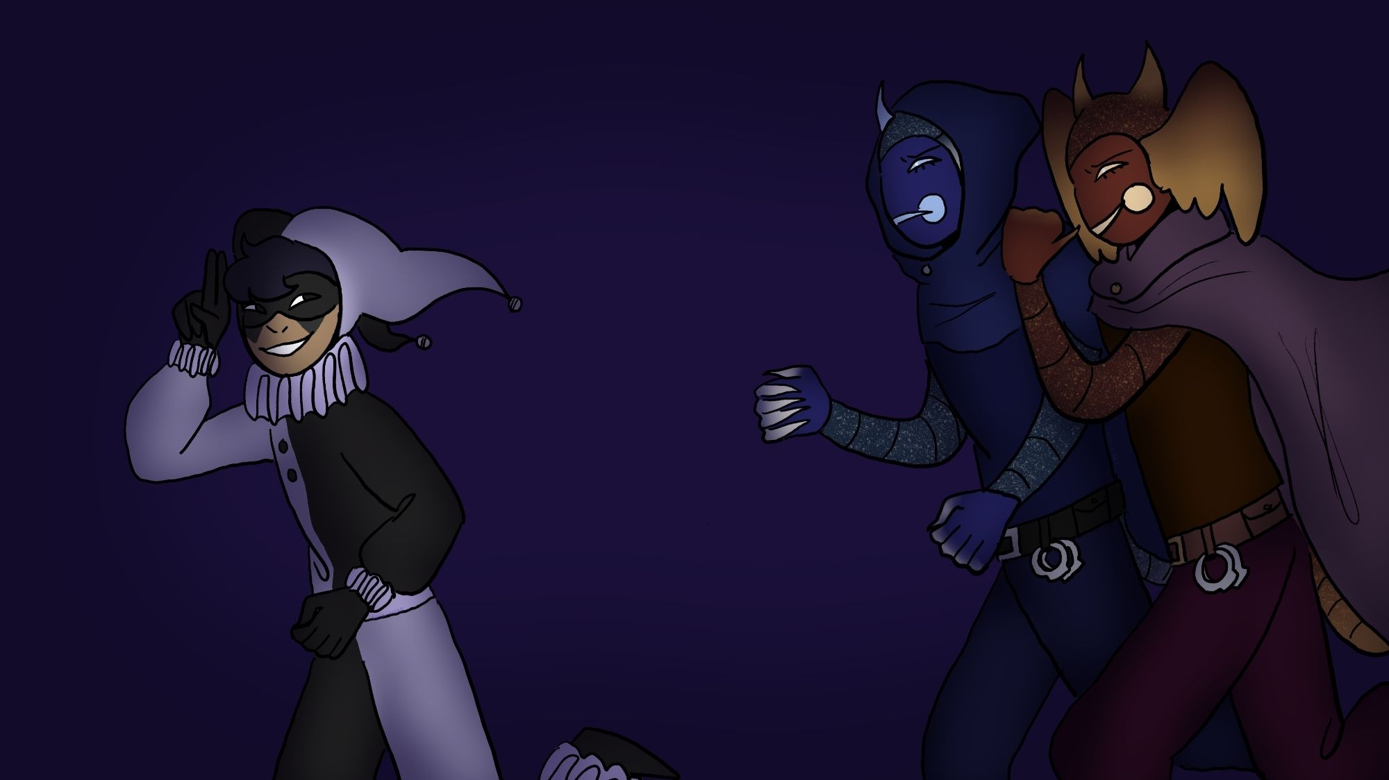 Art if Illusion, Dusk and Dawn.
Illusion is a human that wears purple and black jester attire, while Dusk and Dawn are robots. The last two are vigilantes and are dressed in capes, bulletproof vests, utility belts and pants. Dusk is blue and silver, while dawn is red and gold.
They chase Illu who does a two finger salute in mockery.