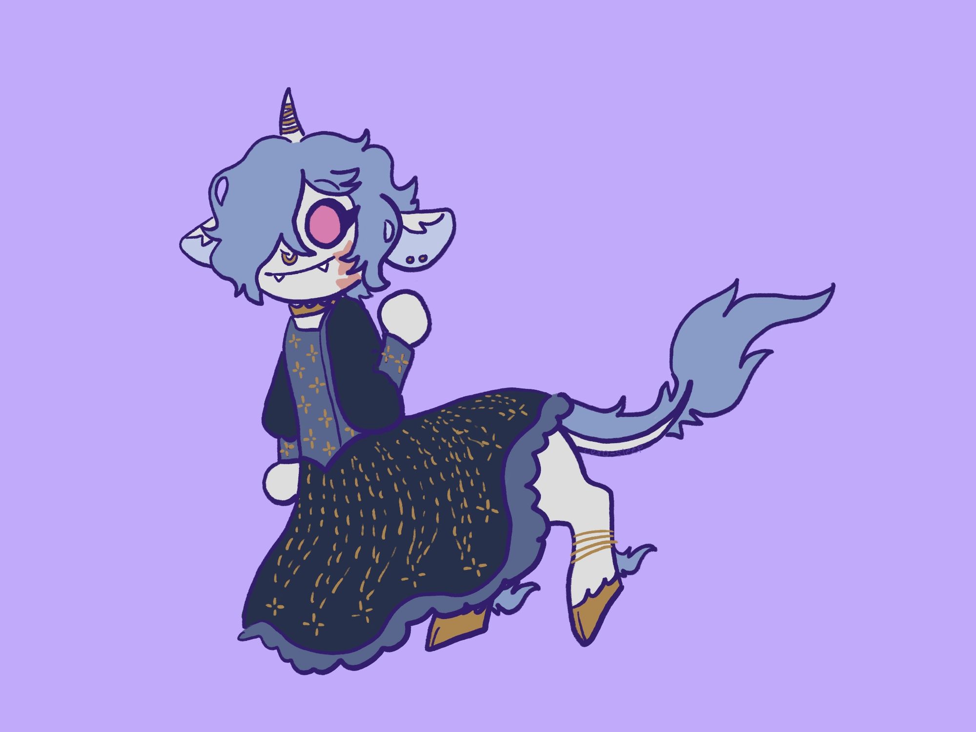 Chibi reference for Zephyr, OP's OC.
They are a unicorn centaur, with grey almost white skin and coat, blue hair, mane and tail, and hooves painted a golden color.
They wear a star themed blue medieval like dress, as well as jewelry including a crown on their neck.
They have fangs, their hair covers one of their eyes and have magic scars on the shape of stars.