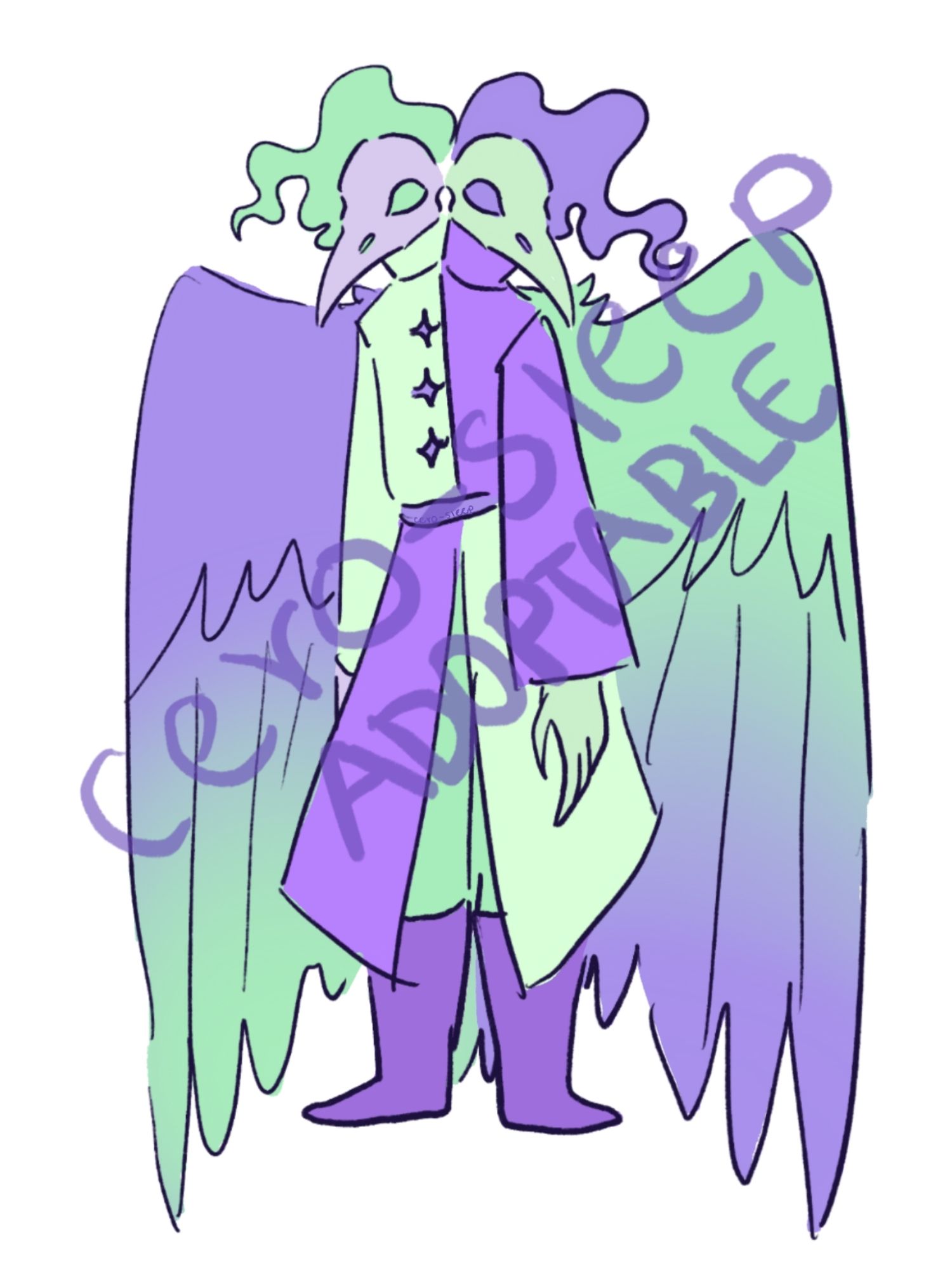 Full body reference of the second adopt. They are a furry like skeleton crow. They have two heads, one green and one purple, with the opposite color surrounding it. They wear a coat, pants and boots. Most of the design has one half purple and the other green.