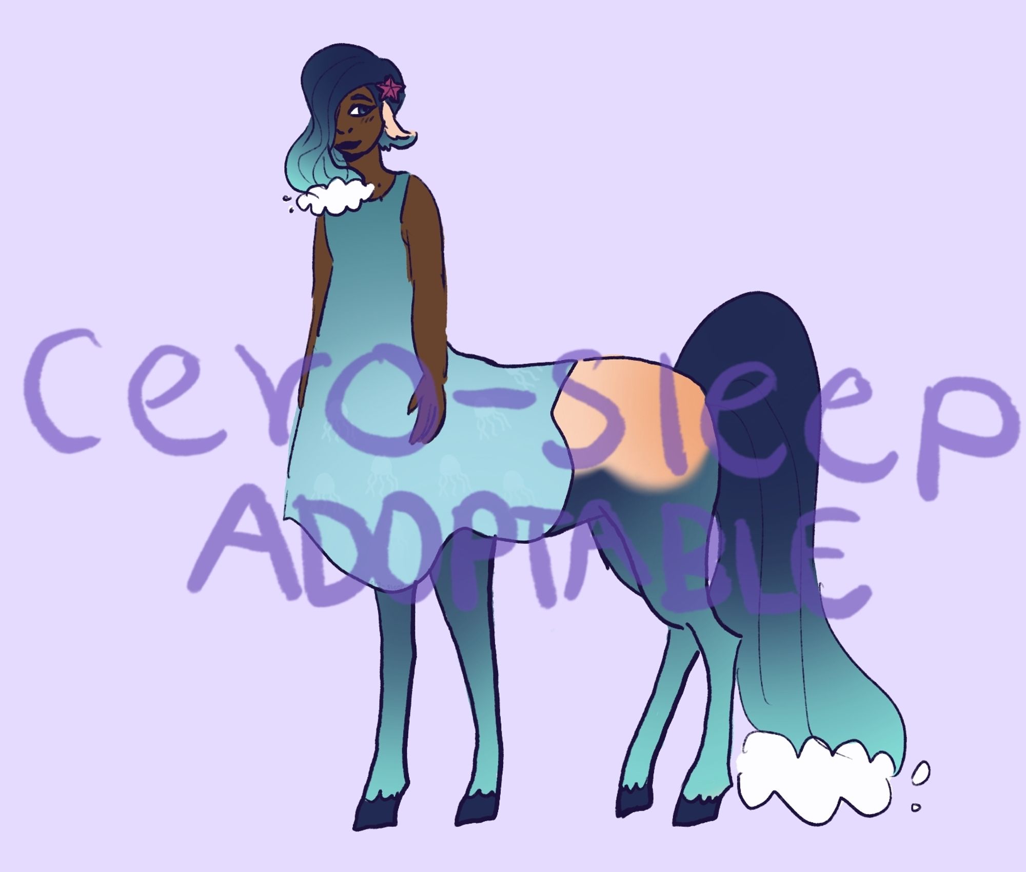 Summer themed splash centaur adopt.
They have water hair, with a sand colored coat and blue splash markings.
They have a sea star in their hair and wear a blue dress with a jellyfish pattern.