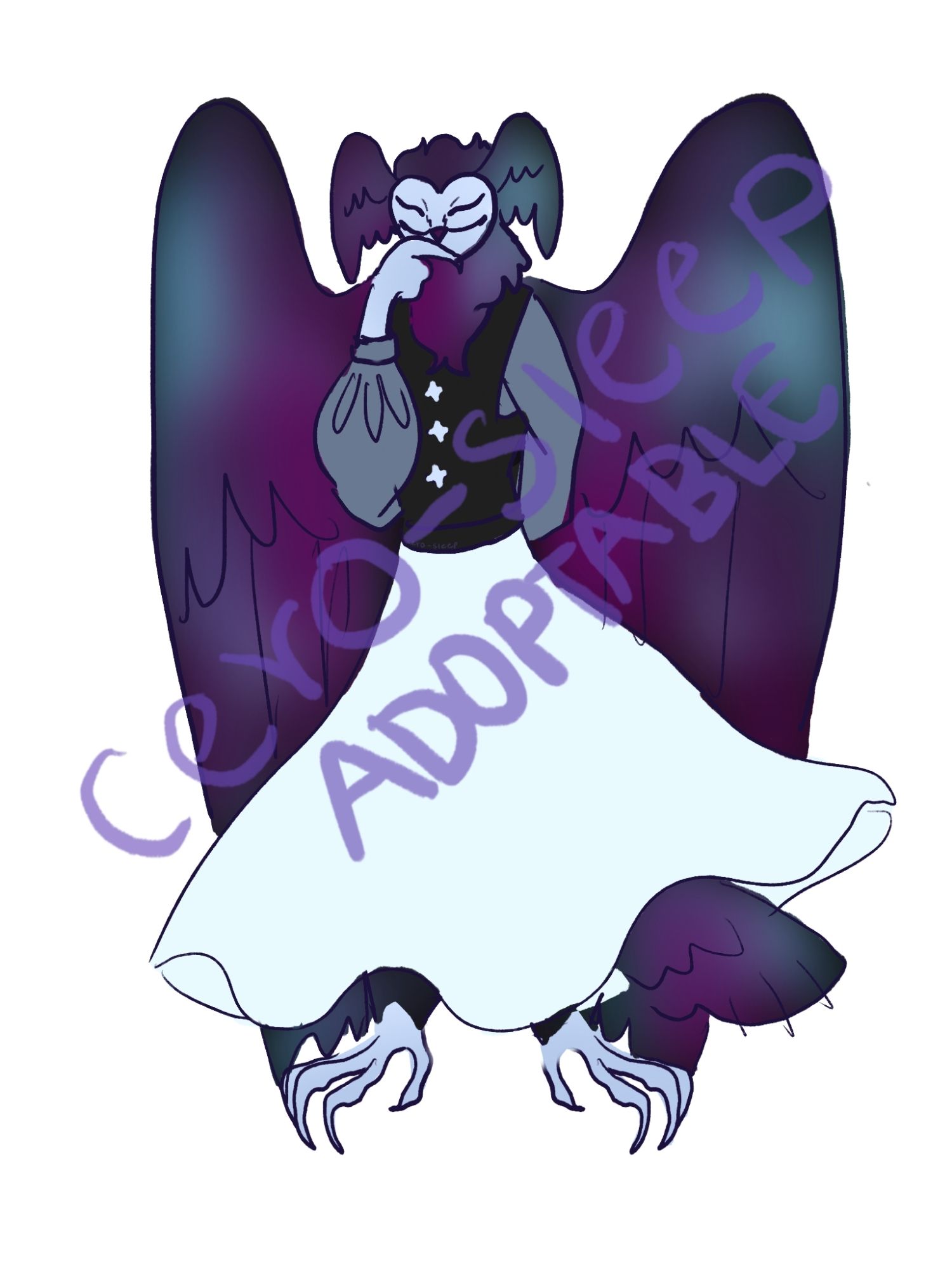 Full body reference of the second adopt. They are a northern lights humanoid owl. They are light blue, dark blue and purple. They have a pair of wings on their head and wear a black vest with star buttons, a blue shirt and a light blue skirt.