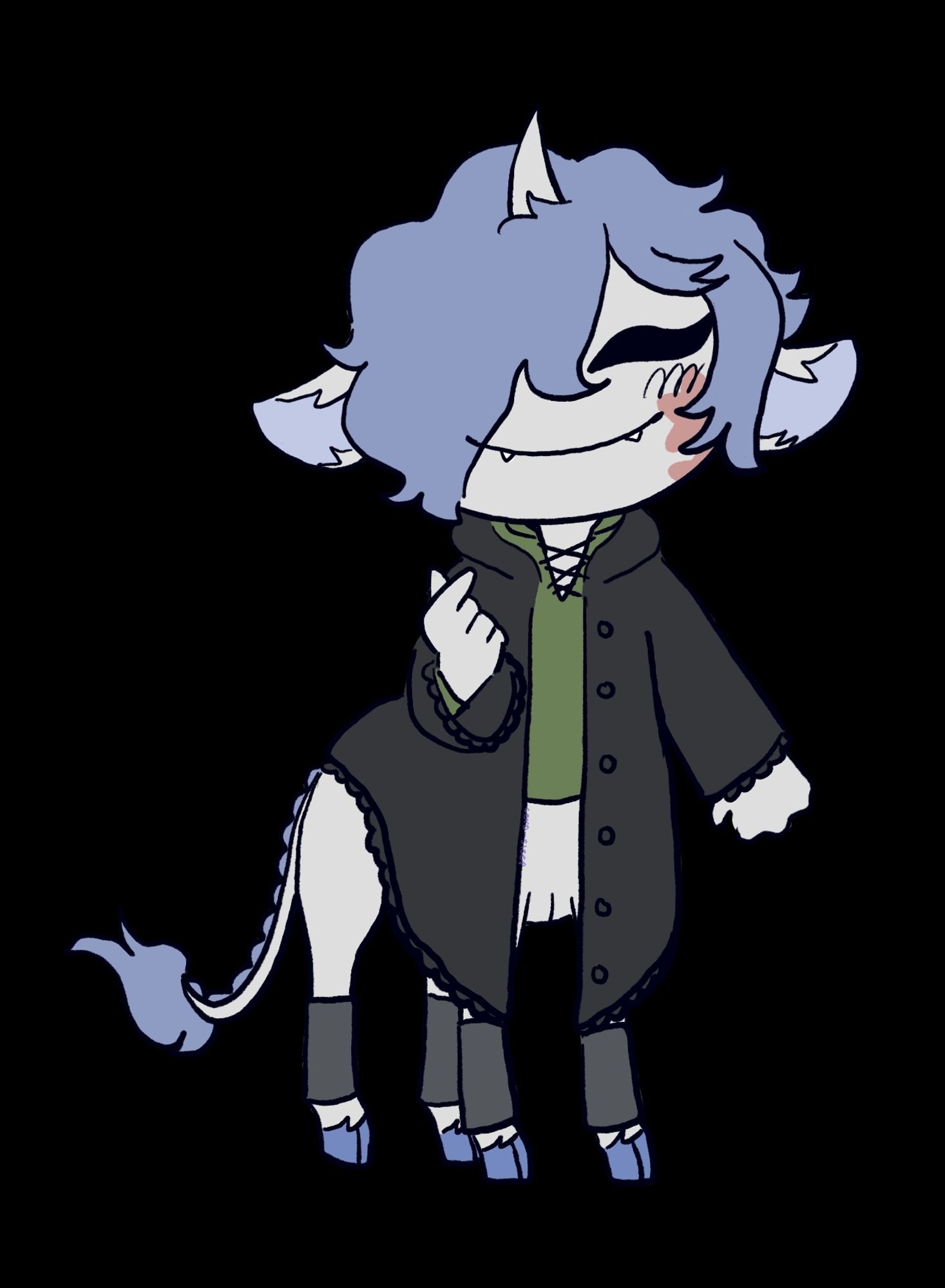 Chibi drawing of Zephyr, OP's OC, after they have ran away.
They are a unicorn centaur, with grey almost white skin and coat, blue hair, mane, tail and hooves.
They wear a green shirt, black coat and grey horse leg wraps.
They have fangs, their hair covers one of their eyes and have magic scars on the shape of stars.