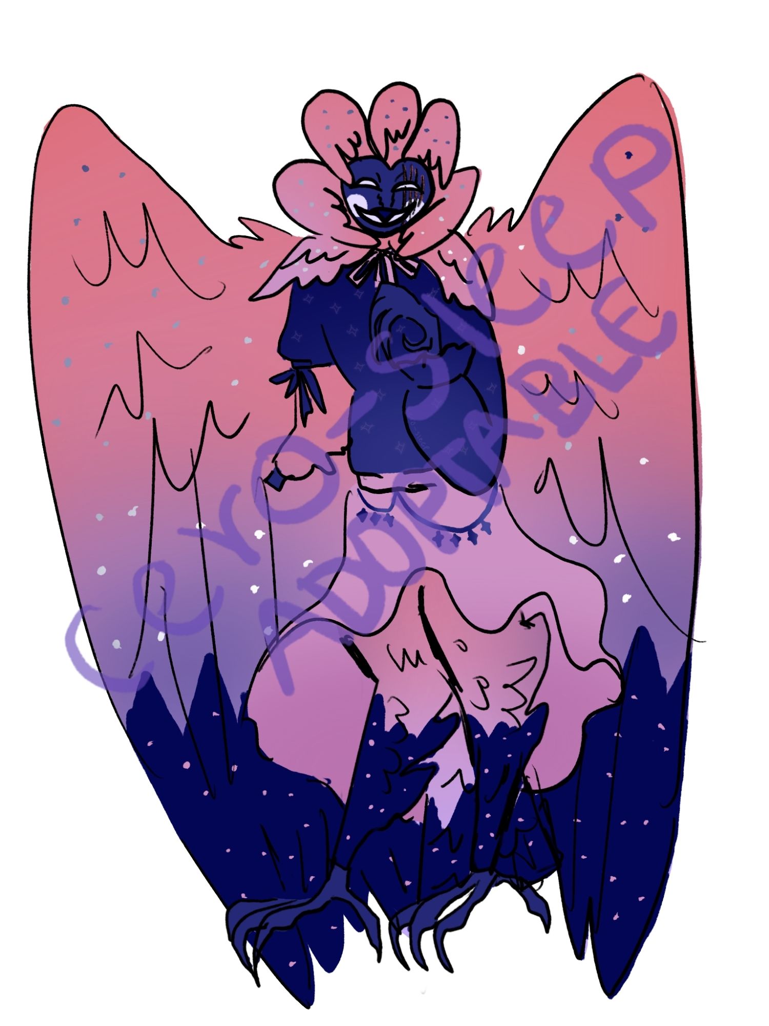 Full body reference of the third adopt. They are a sunset humanoid owl. They are pink, light purple and dark blue, with white, blue and pink dots that look like stars. They wear a blue shirt with a pink bow on the collar, as well as a sleeve tied as they are missing a hand. They also have a pink skirt and star decorations.