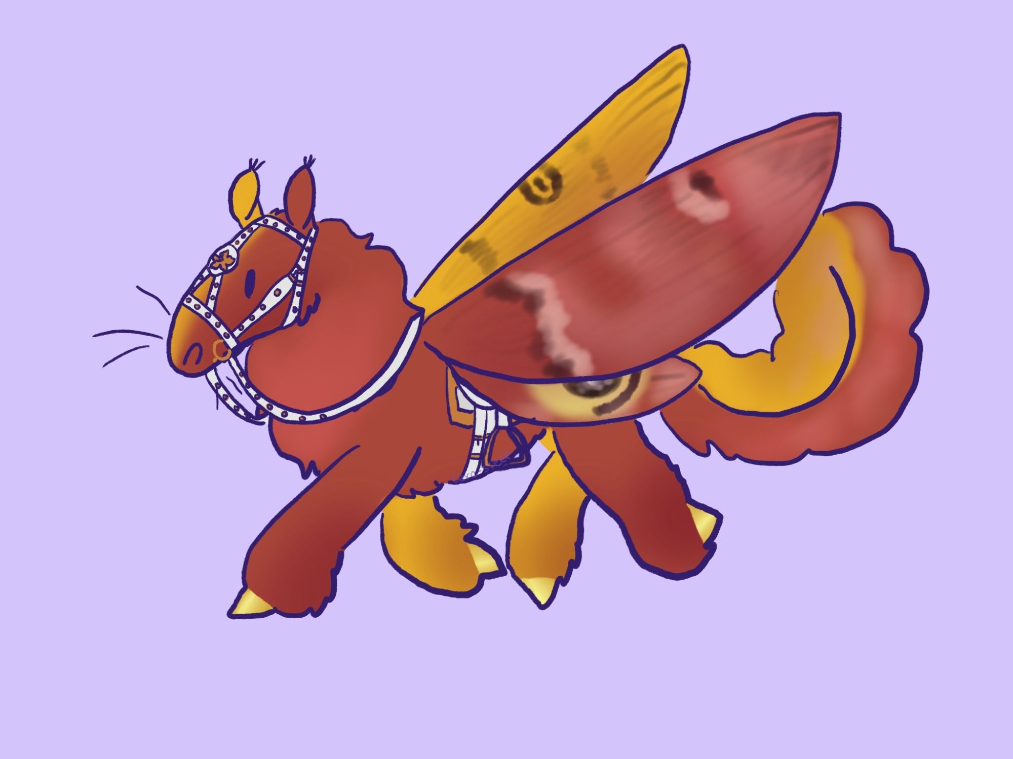 Full body drawing of Maple this time with tack on. They are a draft io moth horse with bilateral gynandromorphism, meaning she has one side with the male coloring and the other with the female coloring. Being reddish brown and yellow. Their tack is fancy, belonging to a noble. It's white with gold accents.