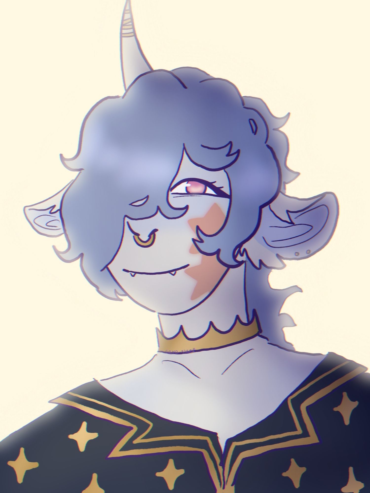 Headshot of Zephyr, OP's OC.
They are a unicorn centaur, with grey almost white skin and blue hair.
In this case they wear a blue and gold long sleeved shirt, as well as jewelry including a crown on their neck and a nose piercing.
They have fangs, their hair covers one of their eyes and have magic scars on the shape of stars.