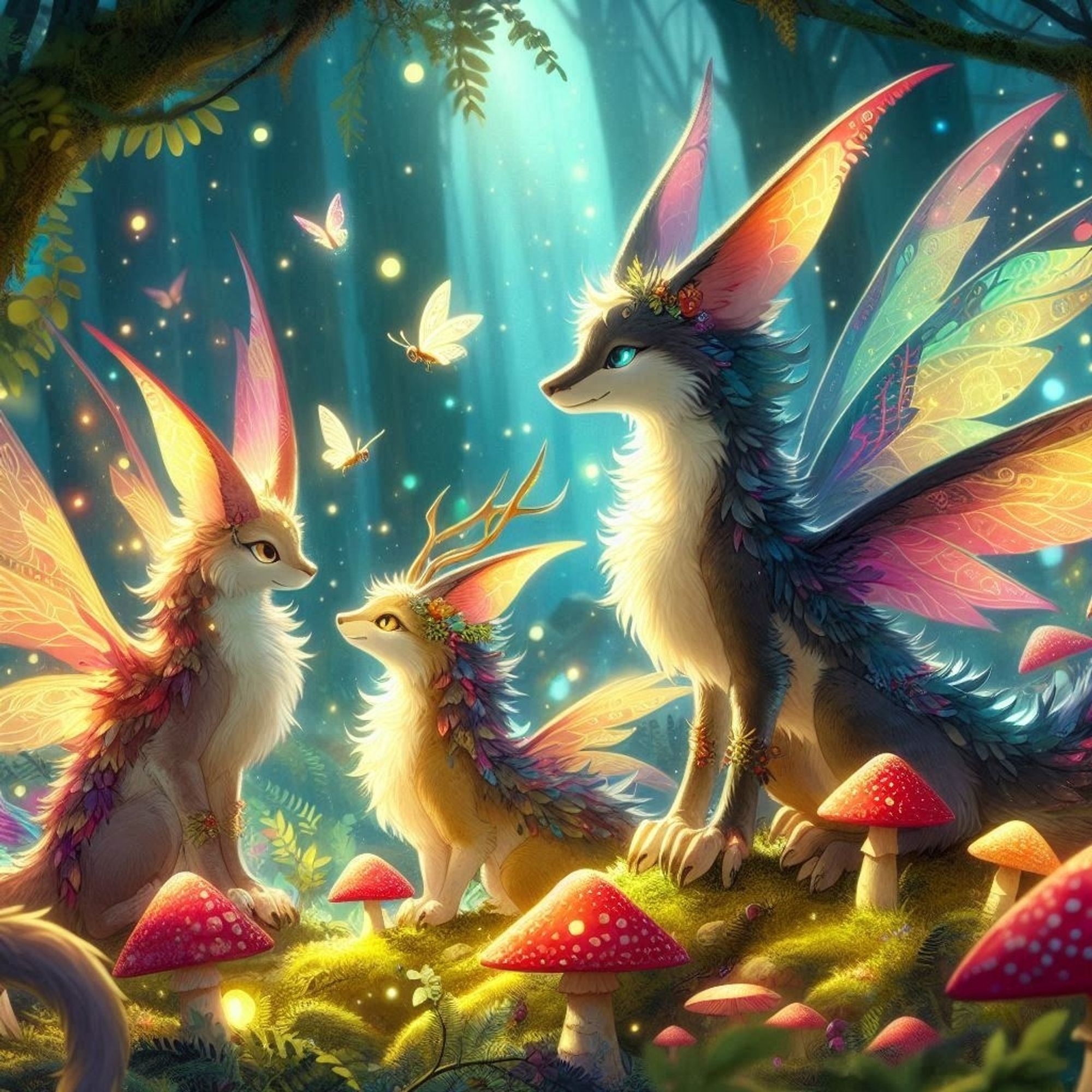 "the welsh as a fantasy race", bing image creator. iridescent fox like beings with fairy wings.