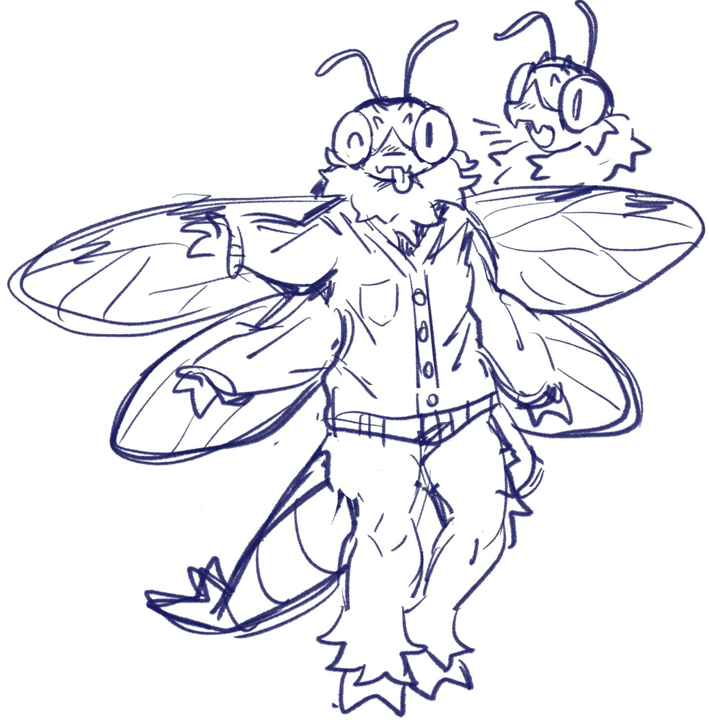 messy digital sketch of an anthro dragonfly character wearing a cardigan sweater