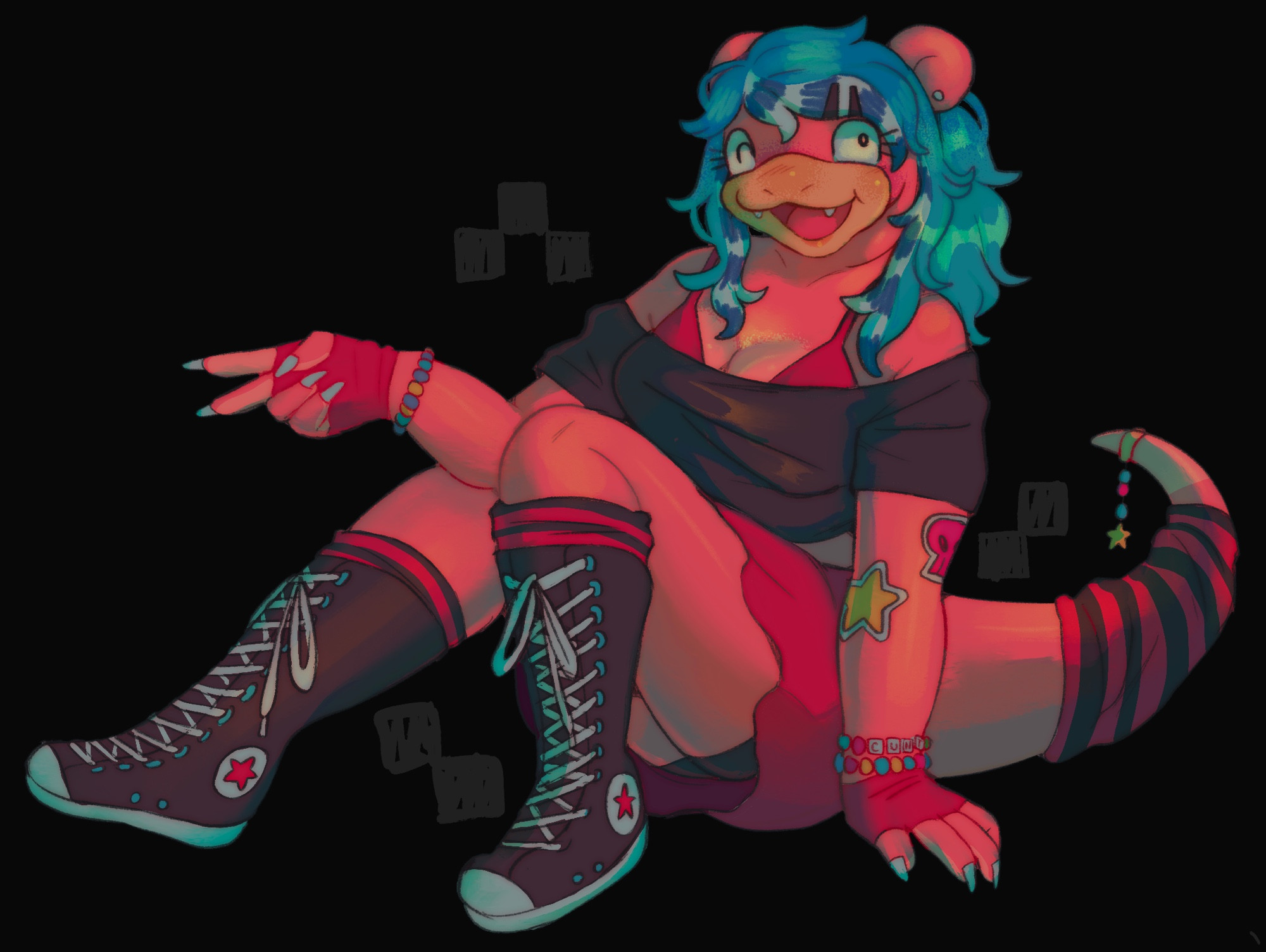 digital drawing of an anthropromorphic slowpoke girl wearing a scene outfit and sitting down, throwing up a peace sign