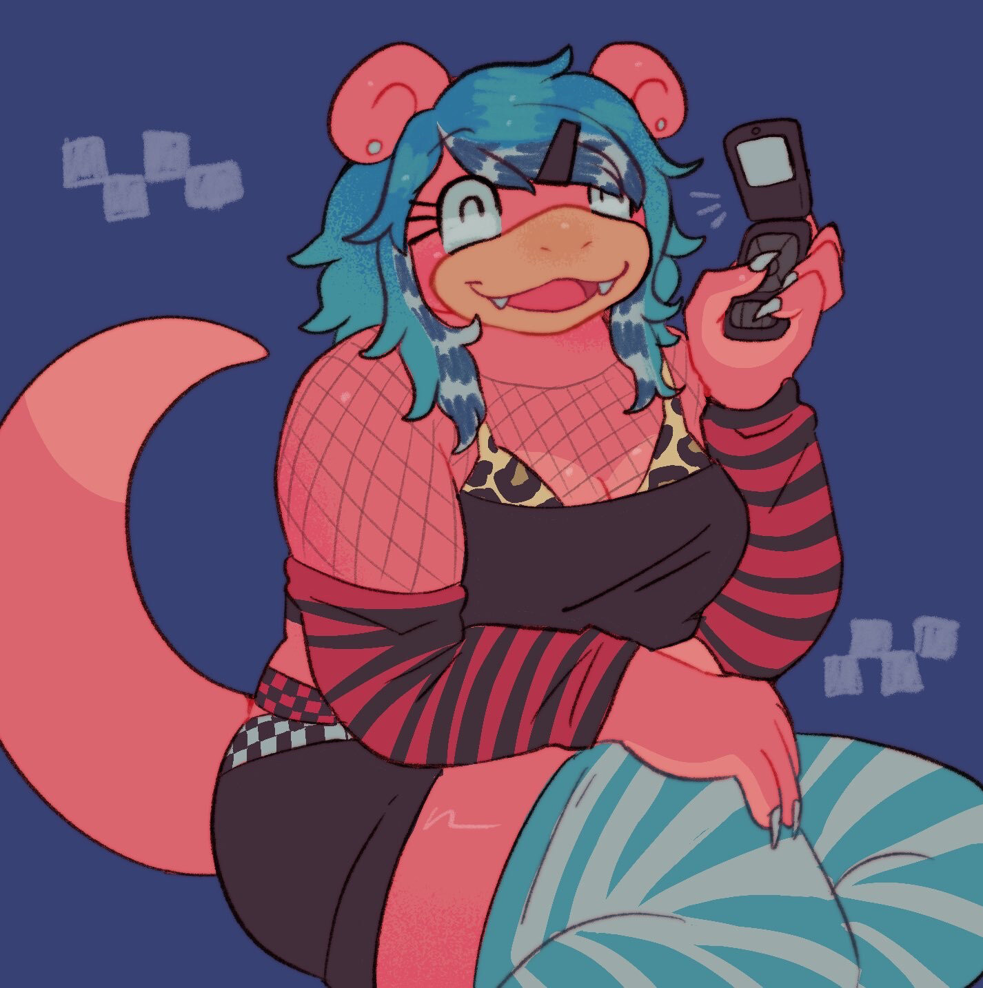 digital drawing of an anthropromorphic slowpoke girl wearing a scene outfit and sitting down, holding a flip phone