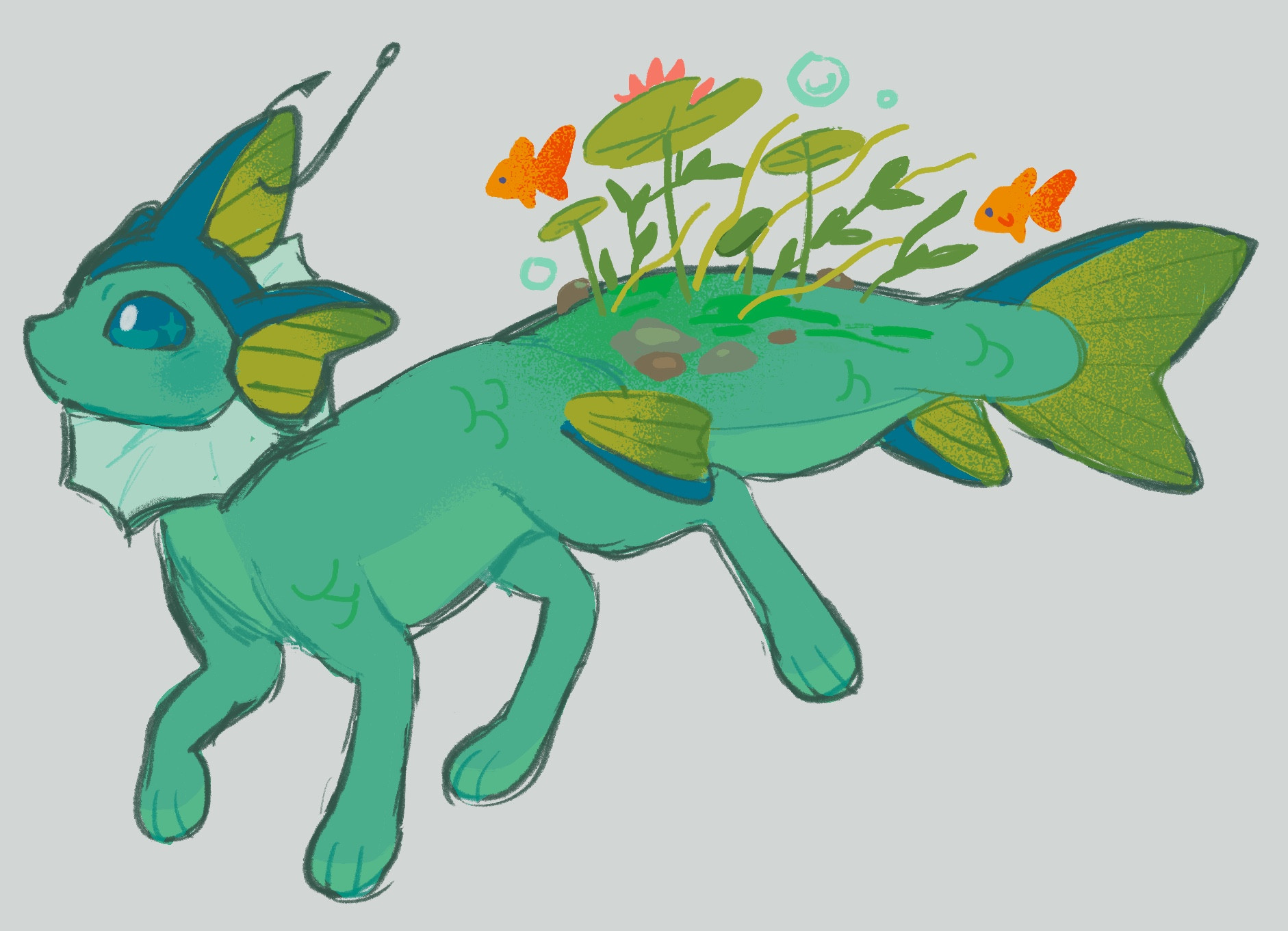 digital drawing of the pokemon vaporeon with lily pads and various aquatic plants growing on the tail, surrounded by a few goldfish.