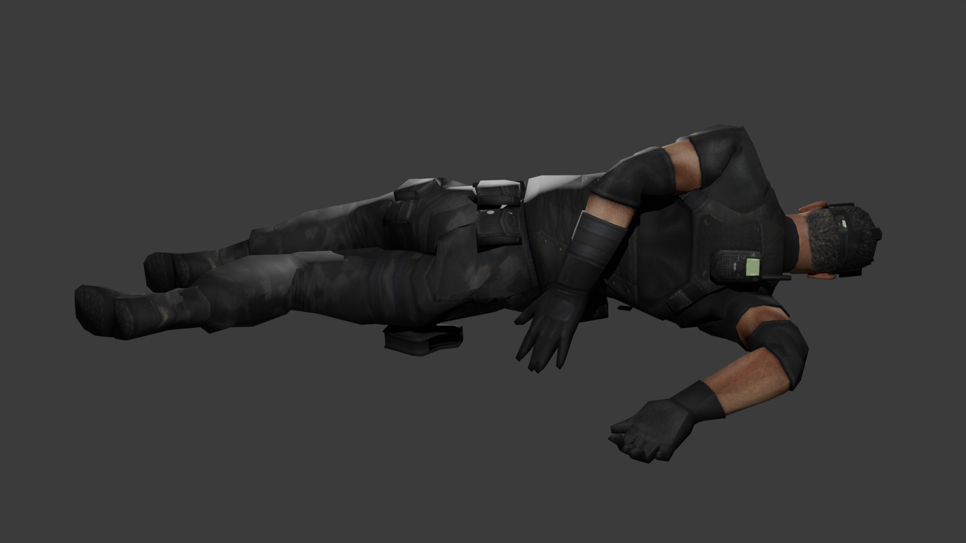 Sam Fisher doing the Family Guy death pose. He's lying on his side, with his arms are  behind his back and are curled up and his legs are also curled up. 