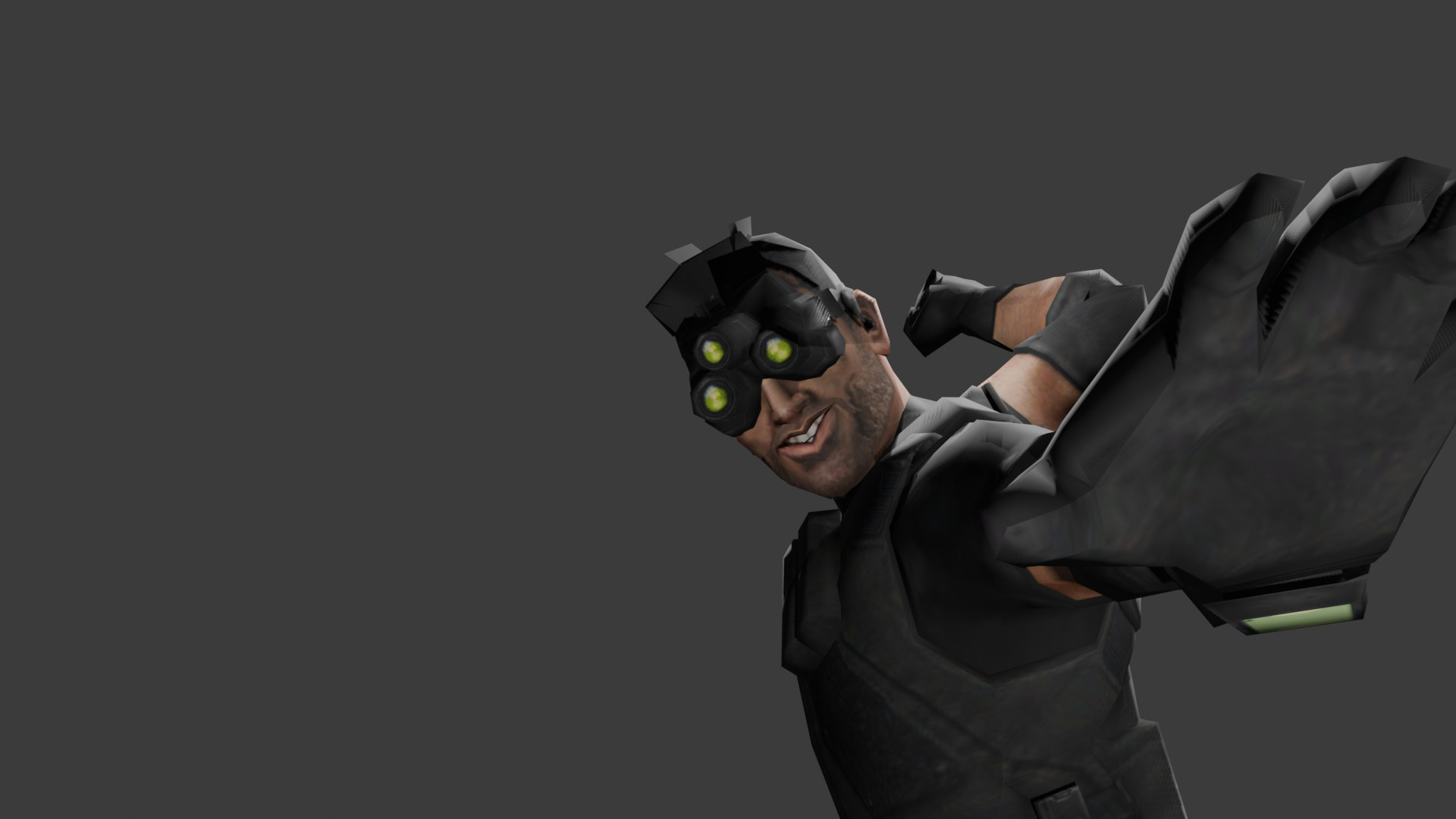 Sam Fisher looking at the viewer, with his back arched forwards. His right hand is reaching right at the viewer while his left hand is pulled back to punch the viewer