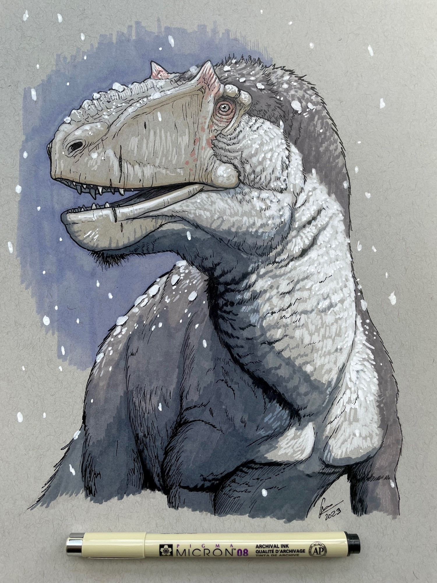 Sketch portrait of Yutyrannus head and upper body with snow falling on its head and back