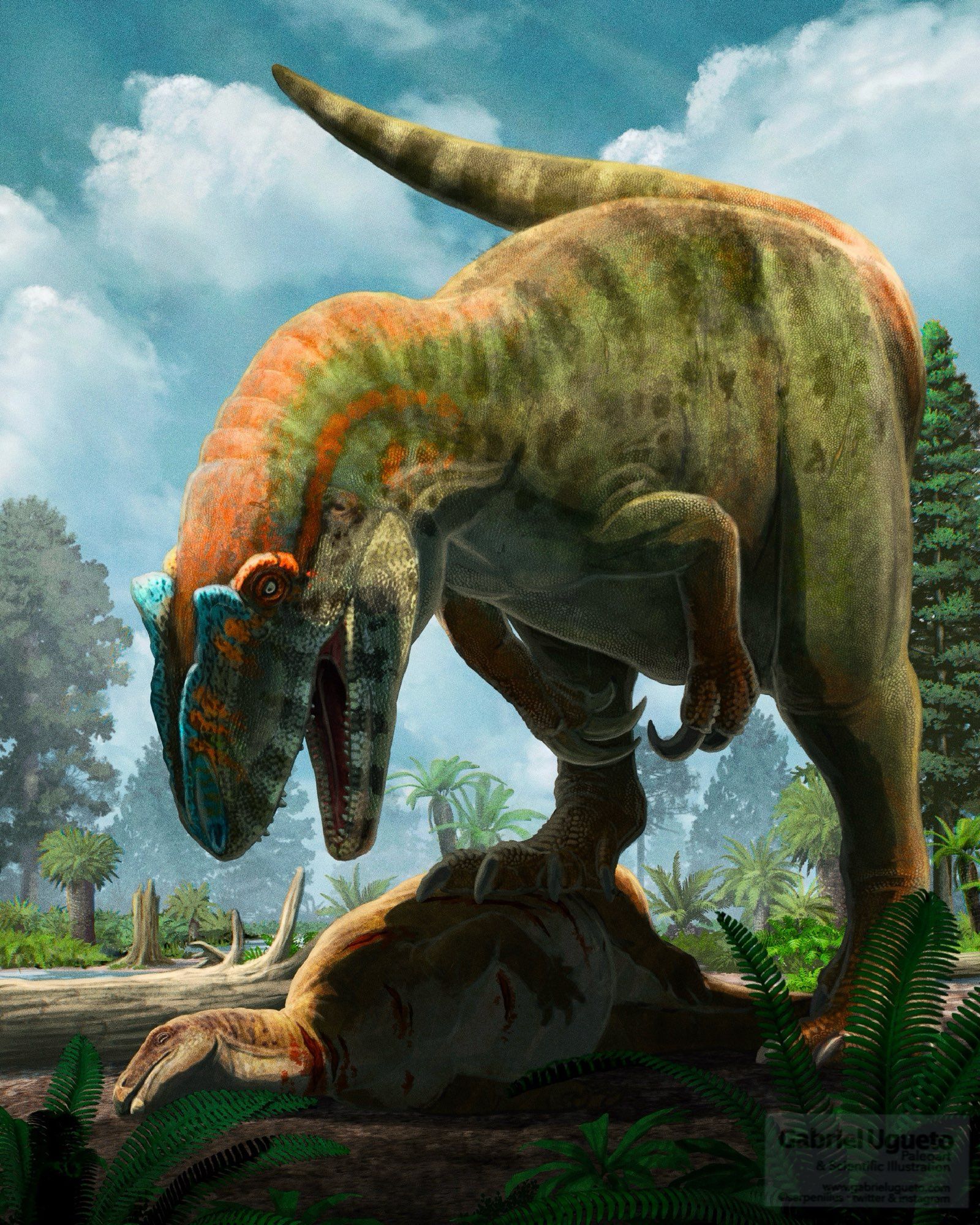 Illustration depicting Allosaurus on top of its prey, a juvenile Camptosaurus. The Allosaurus is greenish with orangish stripes of the neck and blue crests on the snout