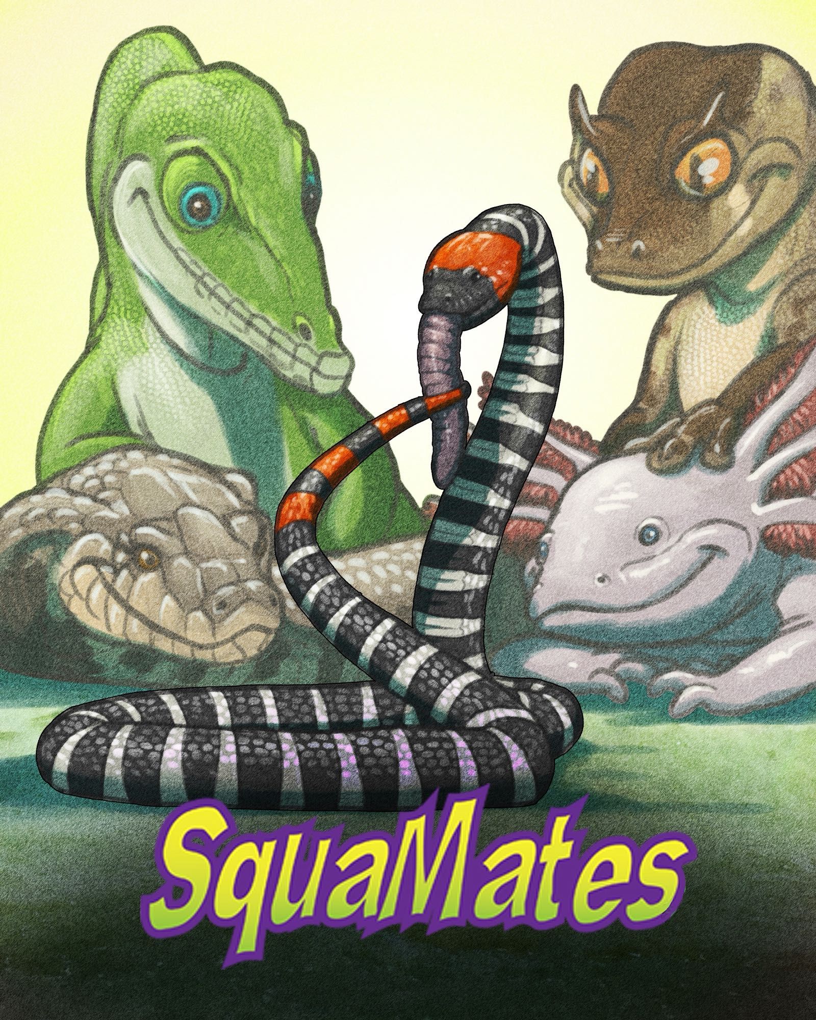 And illustration showing the four characters from SquaMates podcast watching a Coralsnake eating a caecilian