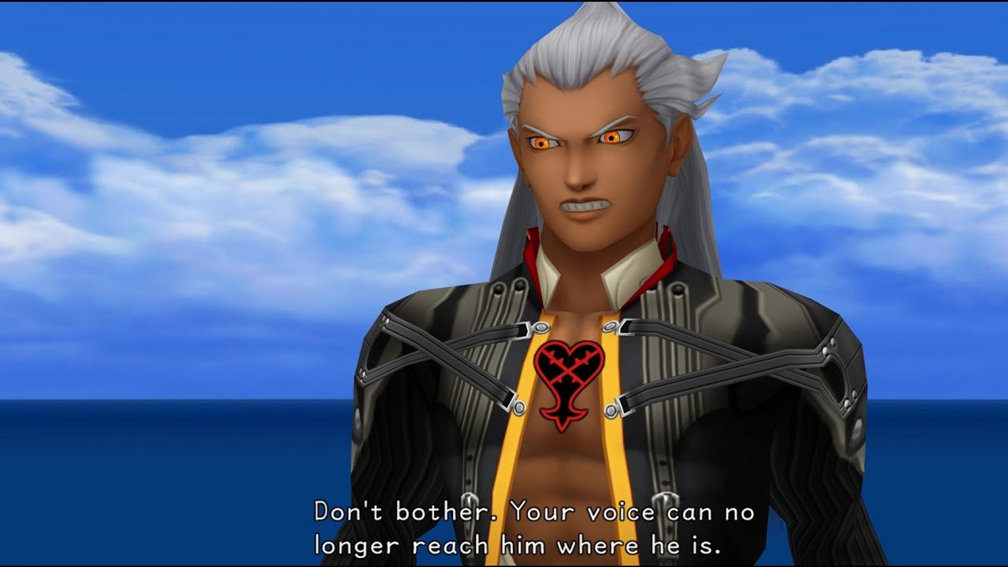 Ansem (vilão de Kingdom Hearts) dizendo em inglês: "Don't bother. Your voice can no longer reach him where he is". A paisagem em que ele está tem um mar e um céu azul com nuvens brancas.