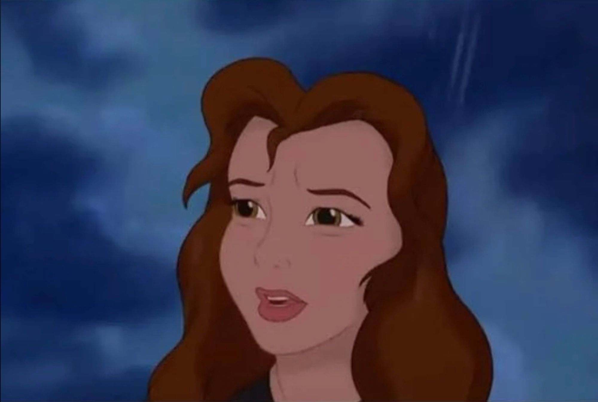 Belle from Beauty and the Beast, looking disappointed that the beast turned into an ugly prince