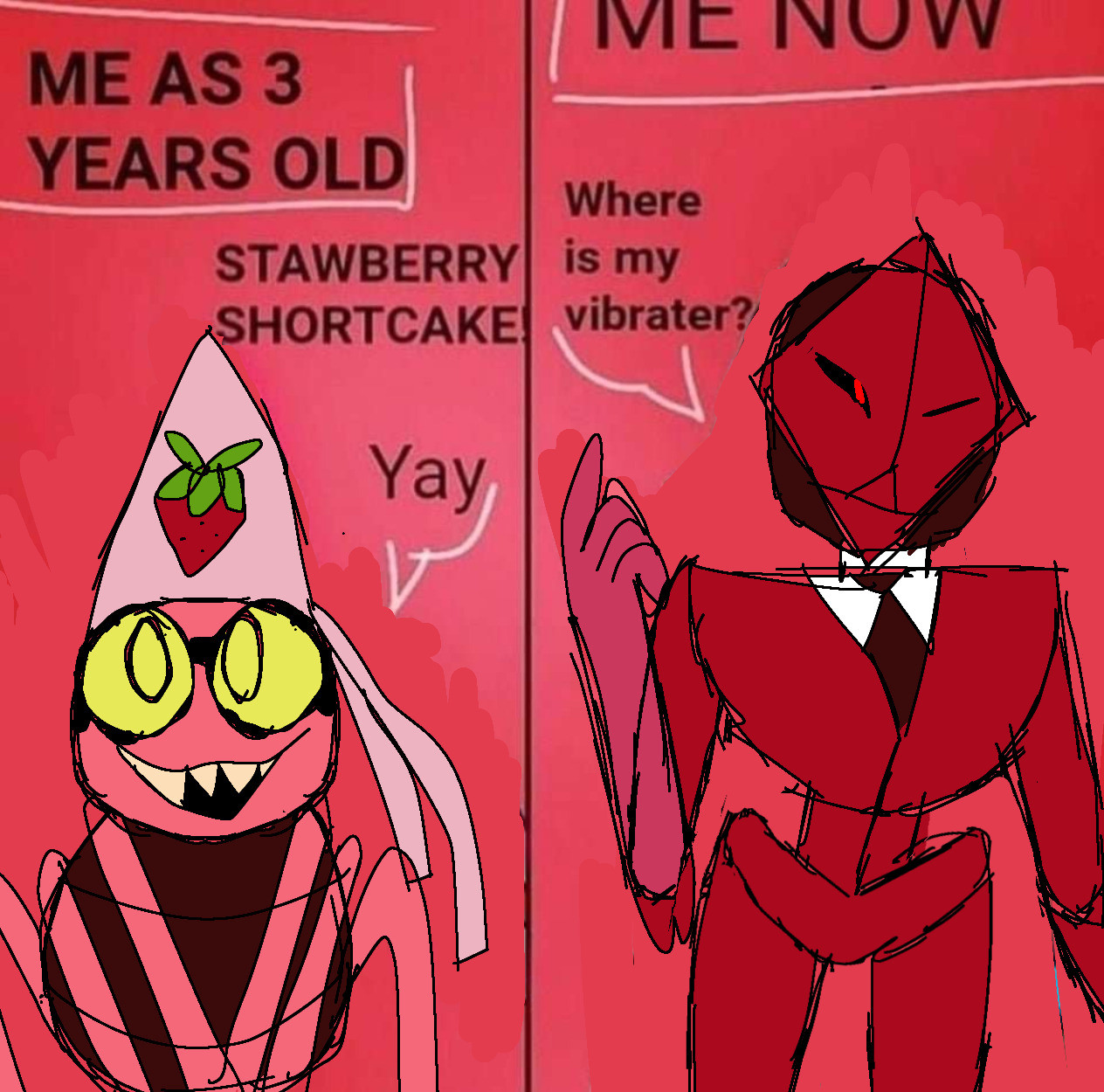 the meme format shown below, but the three year old is a scrabbling minibeetle and the adult is scarab from fionna and cake.