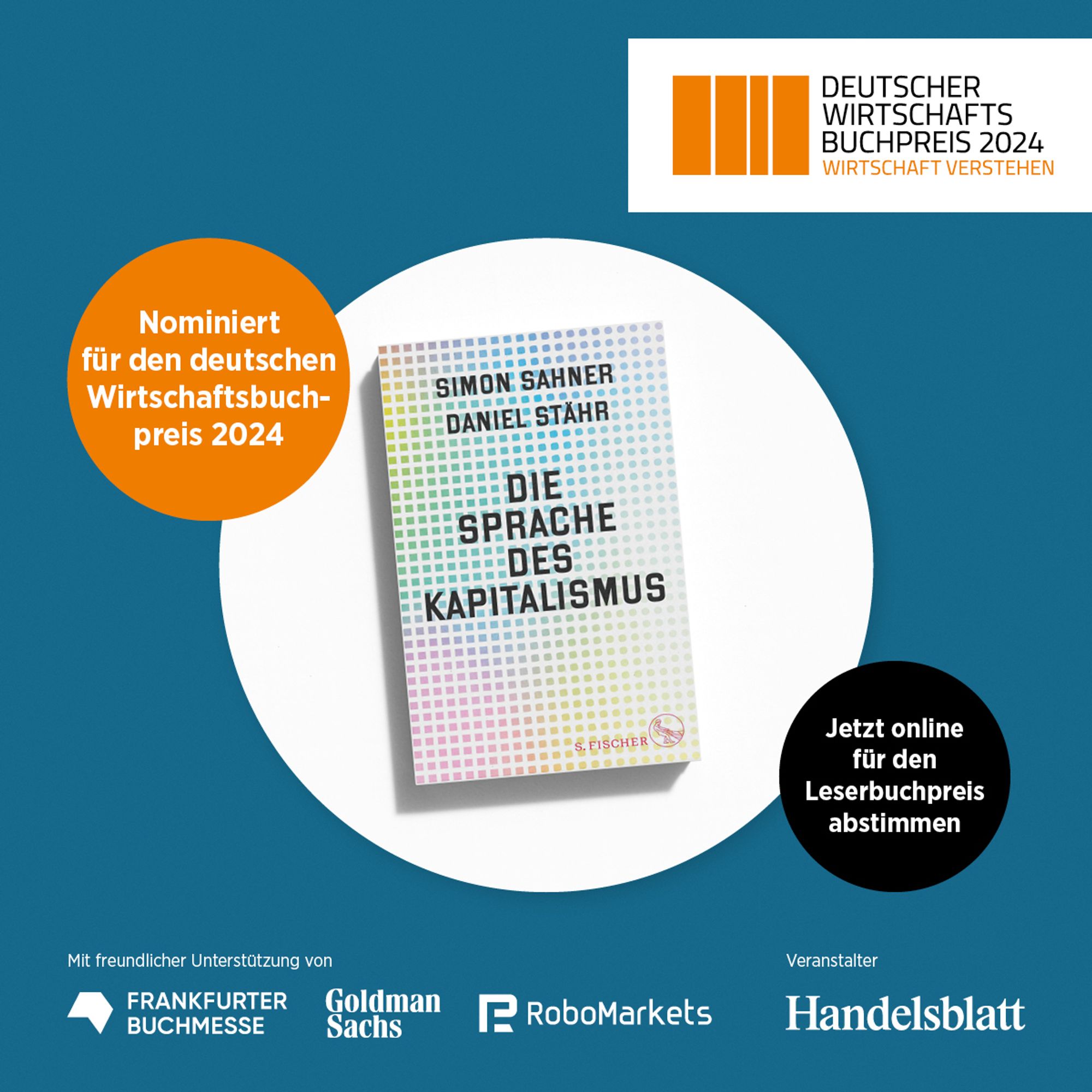 Ein Sharepic zum Wirtschaftsbuchpreis mit dem Cover des Buches "Die Sprache des Kapitalismus" in der Mitte, darum sind Logos der Sponsoren platziert