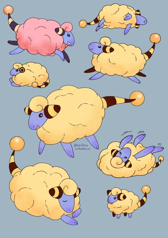 various pokemon flaafy in different poses, and 1 pink shiny in the upper left corner