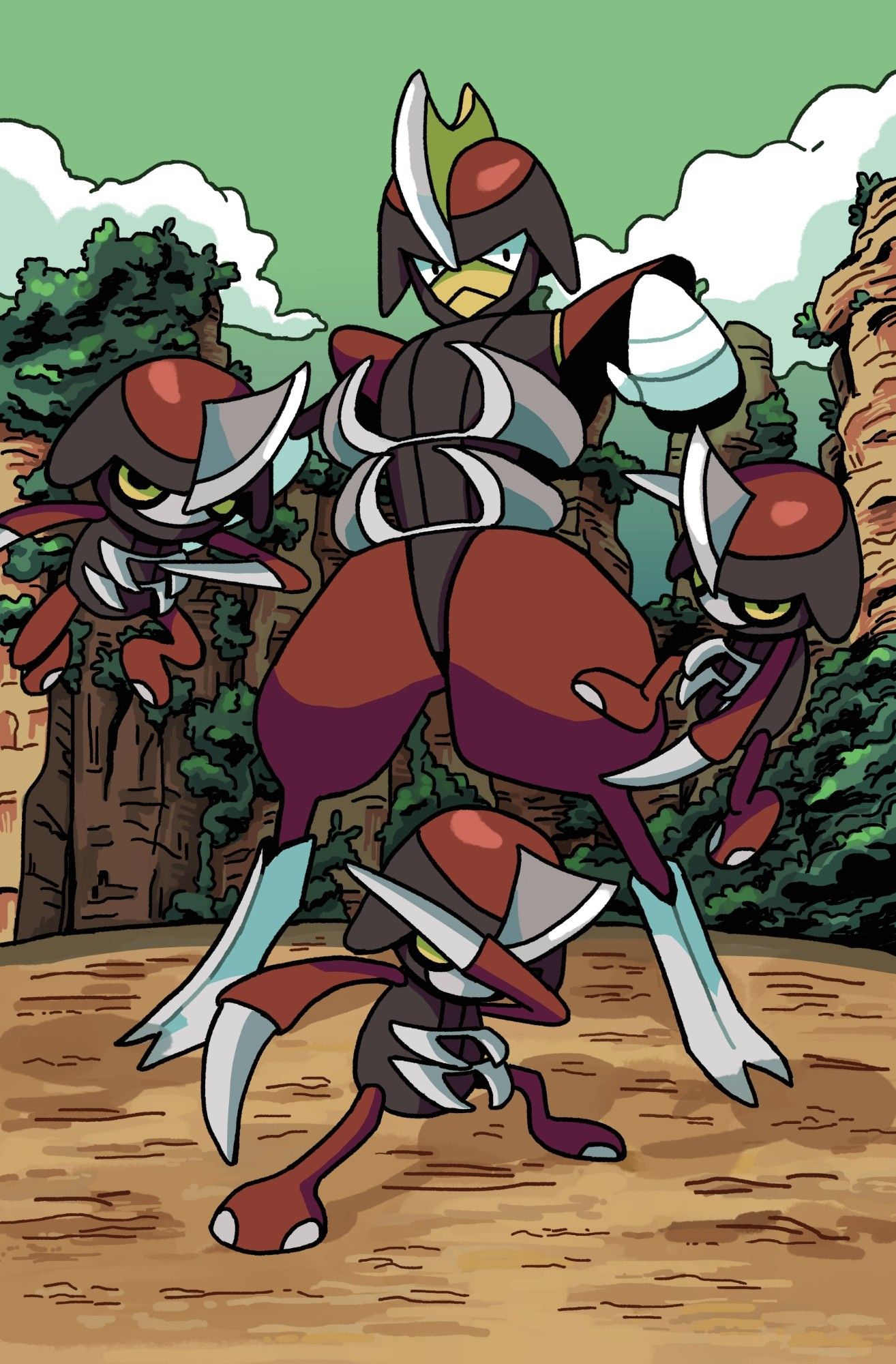 illustration of pokemon Bisharp in center, with a wide stance and hand extended, commanding his 3 Pawniard. there is one on each side jumping into action and one dabbing between Bisharp's legs. behind them are orange toned rocky pillars covered in vegetation, the sky is green.