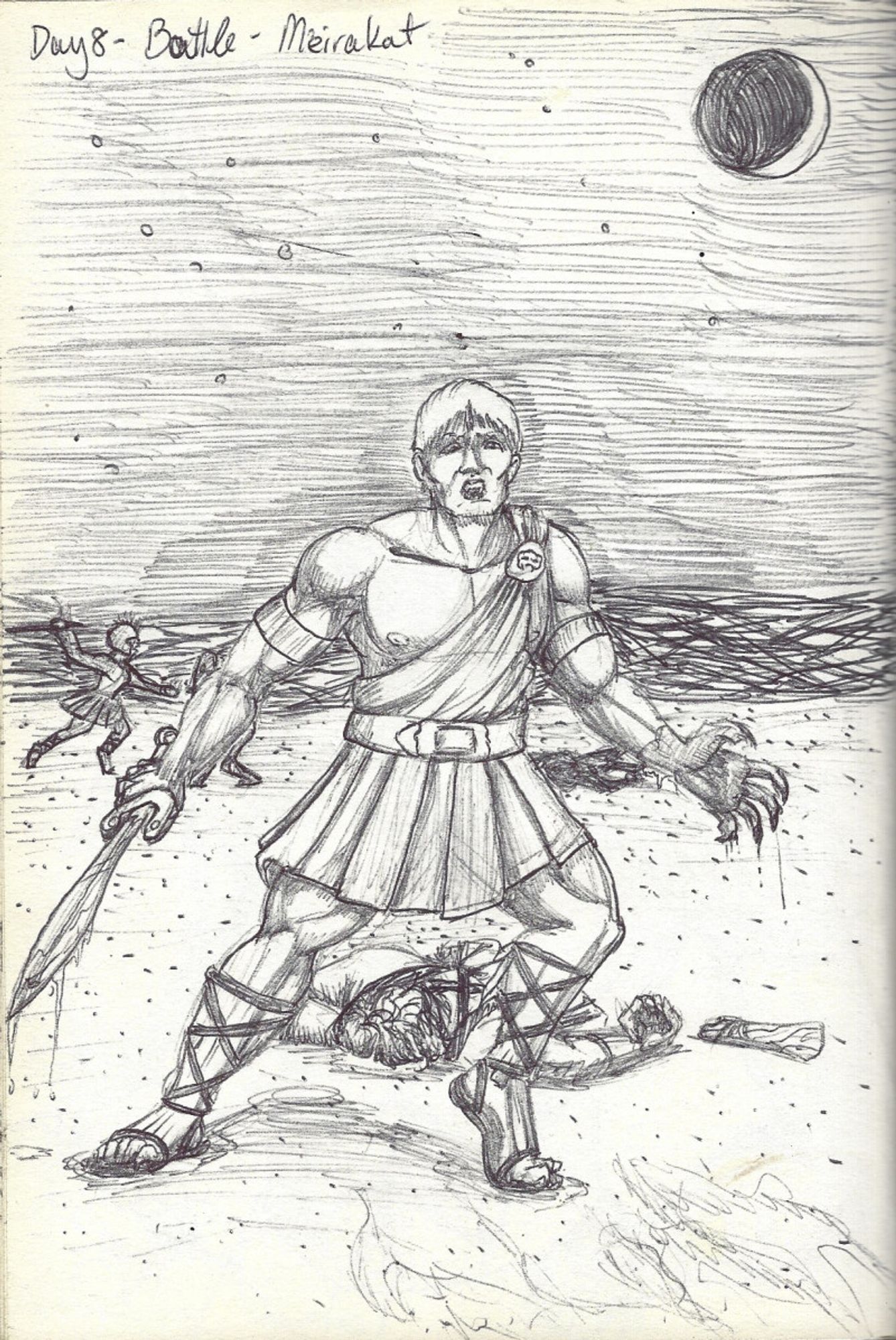 A man dressed in Greek garb stands in the foreground of a battle, bloody sword drawn and blood dripping from his hand.