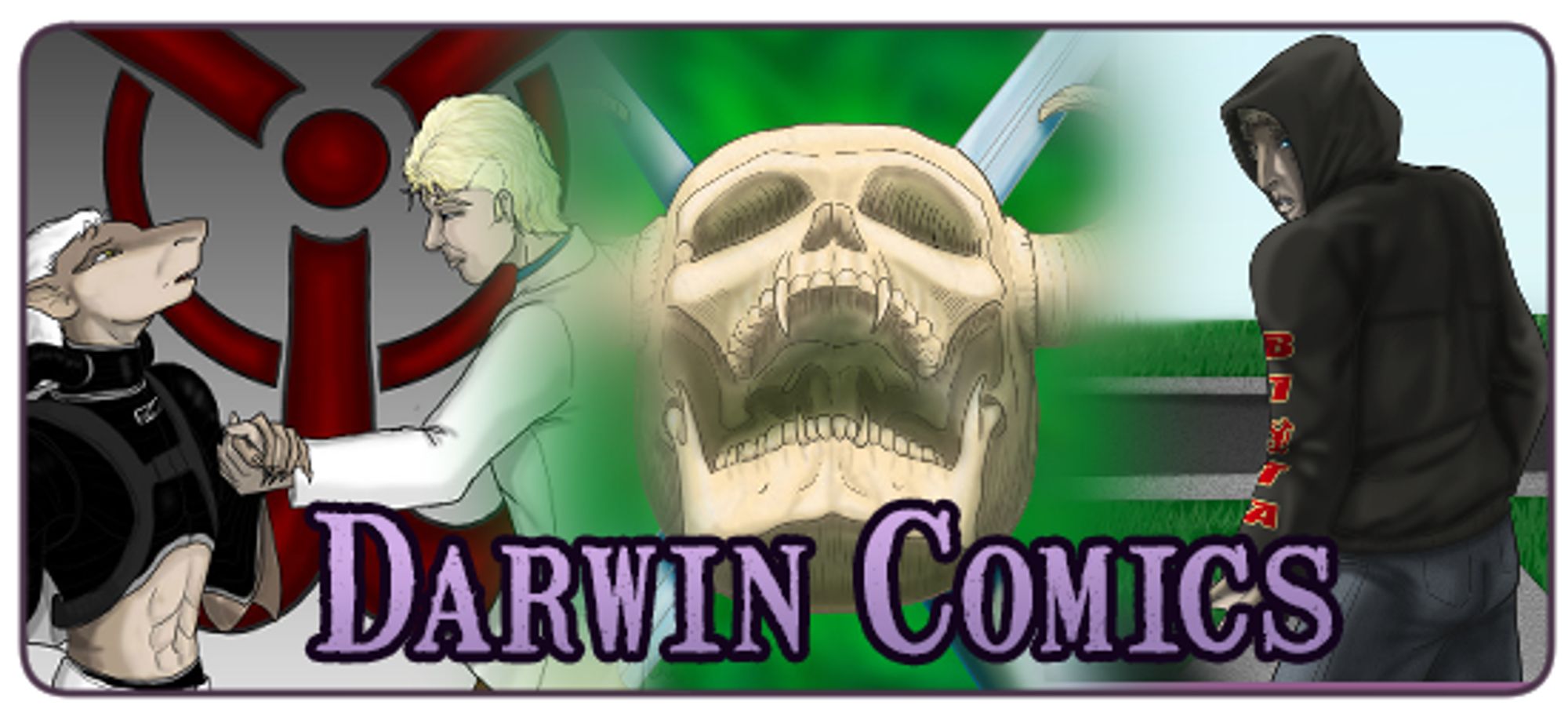 Representative art from each of the three webcomic universes in Darwin Comics