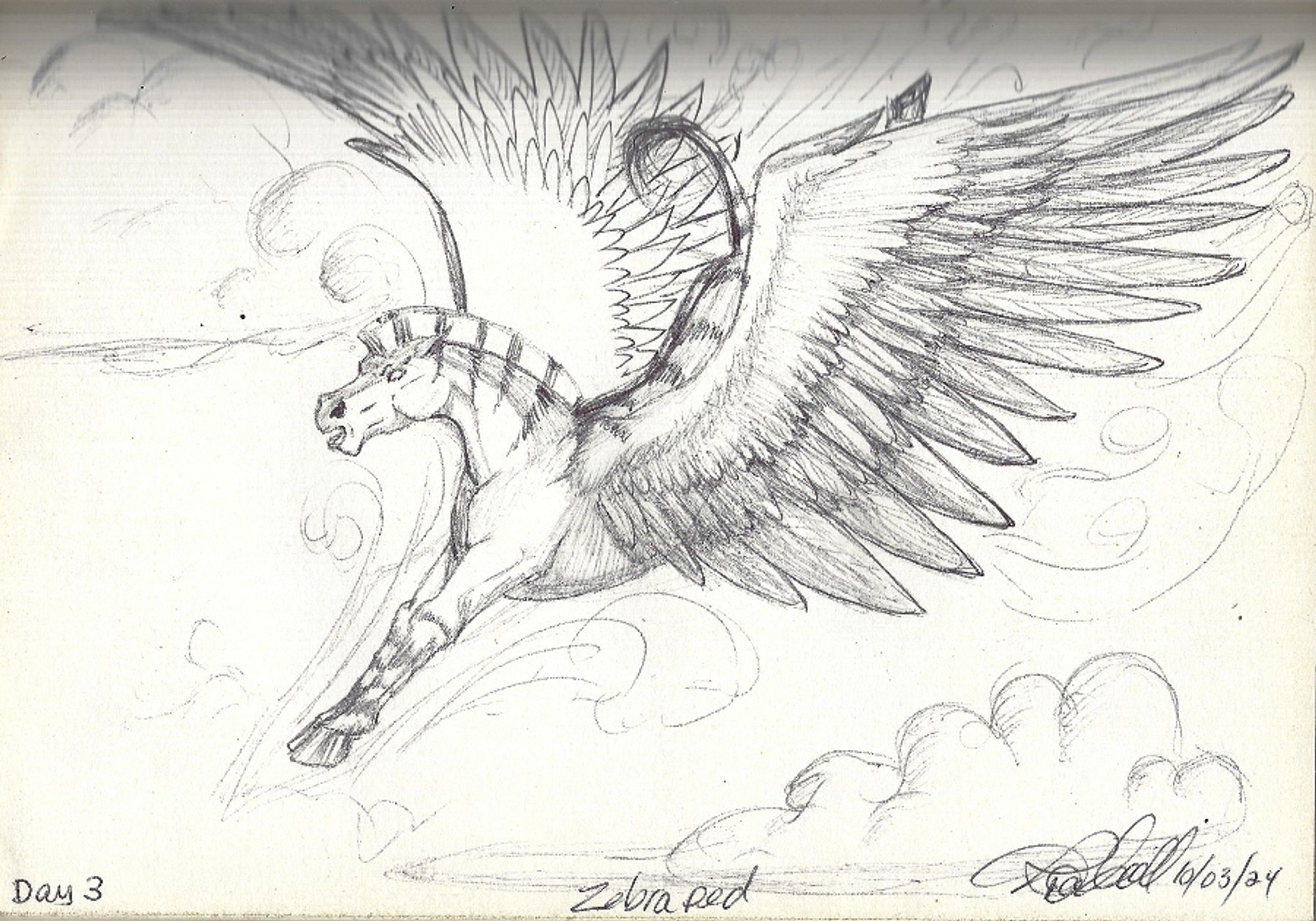 A zebra striped pegasus dives through the clouds to some unknown target!