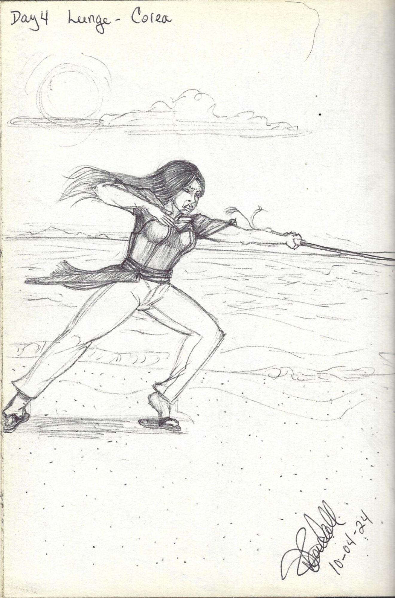 A long haired woman stands on a beach wielding a Katana against an offscreen foe!