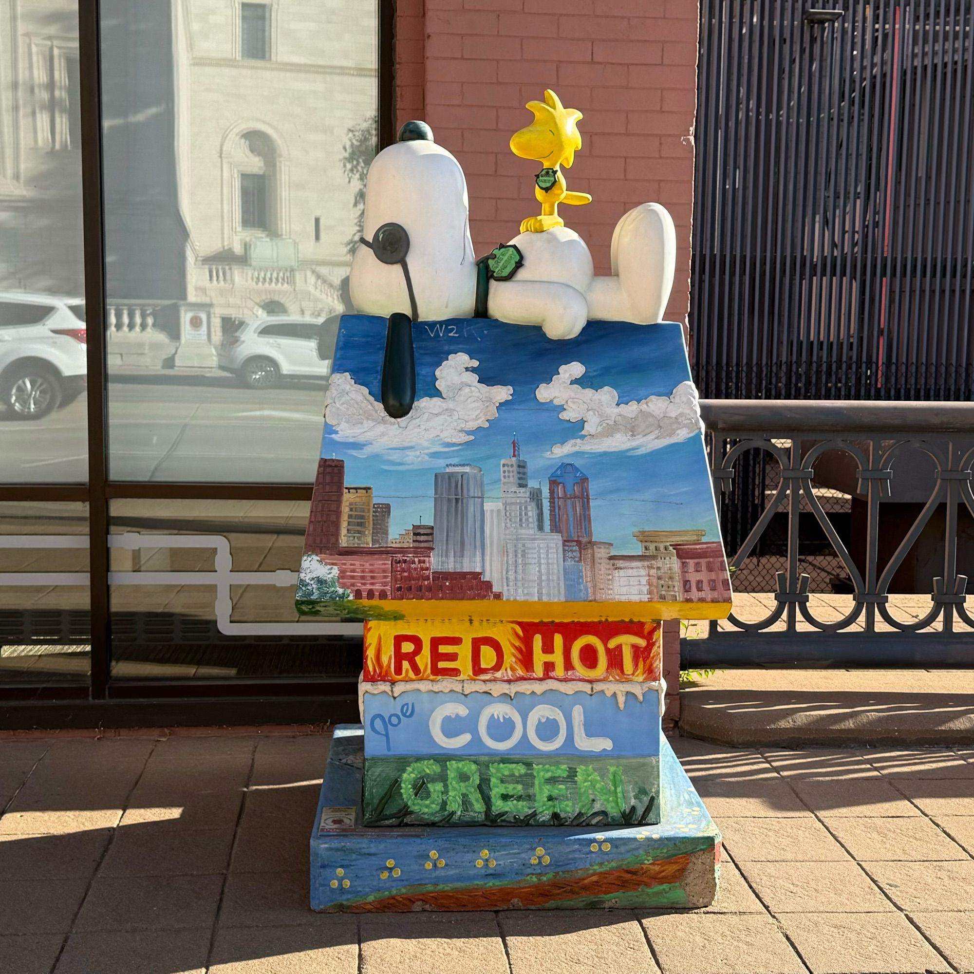 Snoopy and Woodstock on Snoopys doghouse outside xcel energies power plant in St. Paul