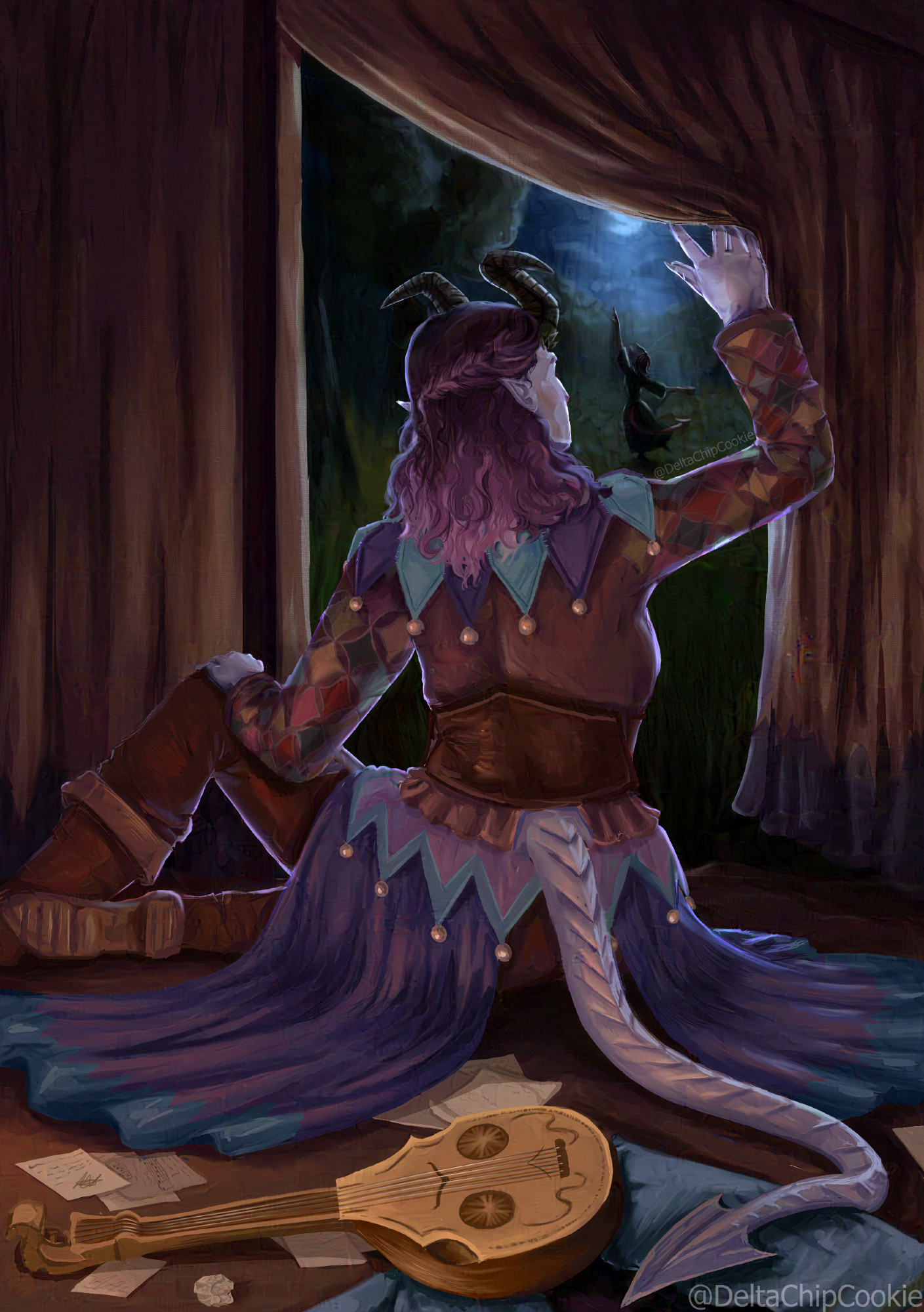 An illustration of Alfira (BG3) sitting on the floor of a tent, looking out at another woman (Lihala) dancing under the moonlight. The interior of the tent has a lute and many scrap pieces of parchment with half-written song lyrics and melodies. Signature reading @DeltaChipCookie