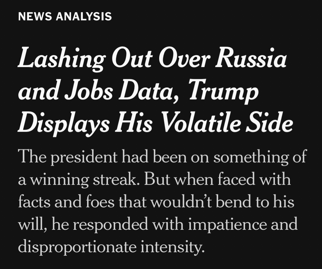 Lashing Out Over Russia and Jobs Data, Trump Displays His Volatile Side

The president had been on something of a winning streak. But when faced with facts and foes that wouldn’t bend to his will, he responded with impatience and disproportionate intensity.