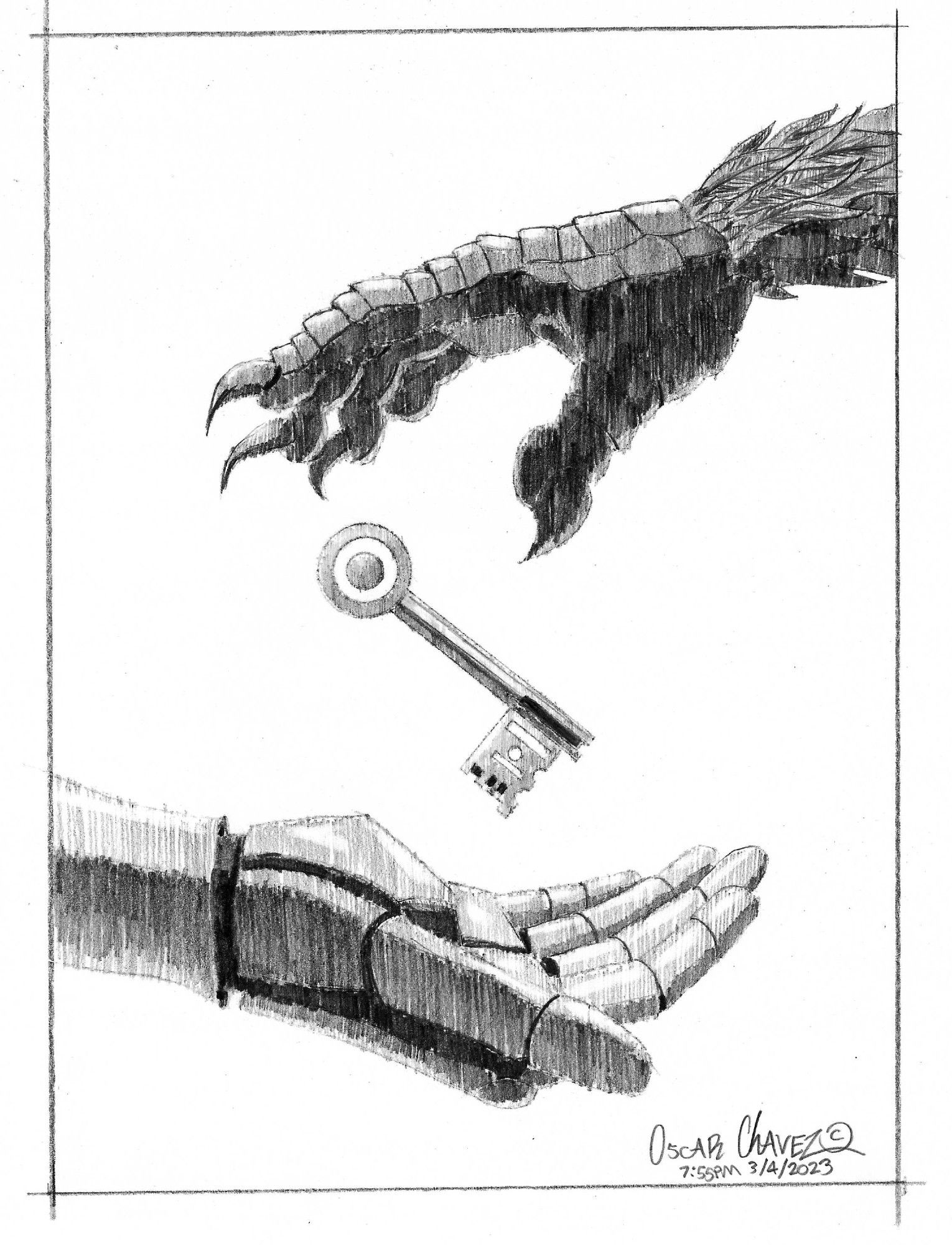 two hands exchanging a key, receiving hand is a robot, giving hand is a crow humanoid.