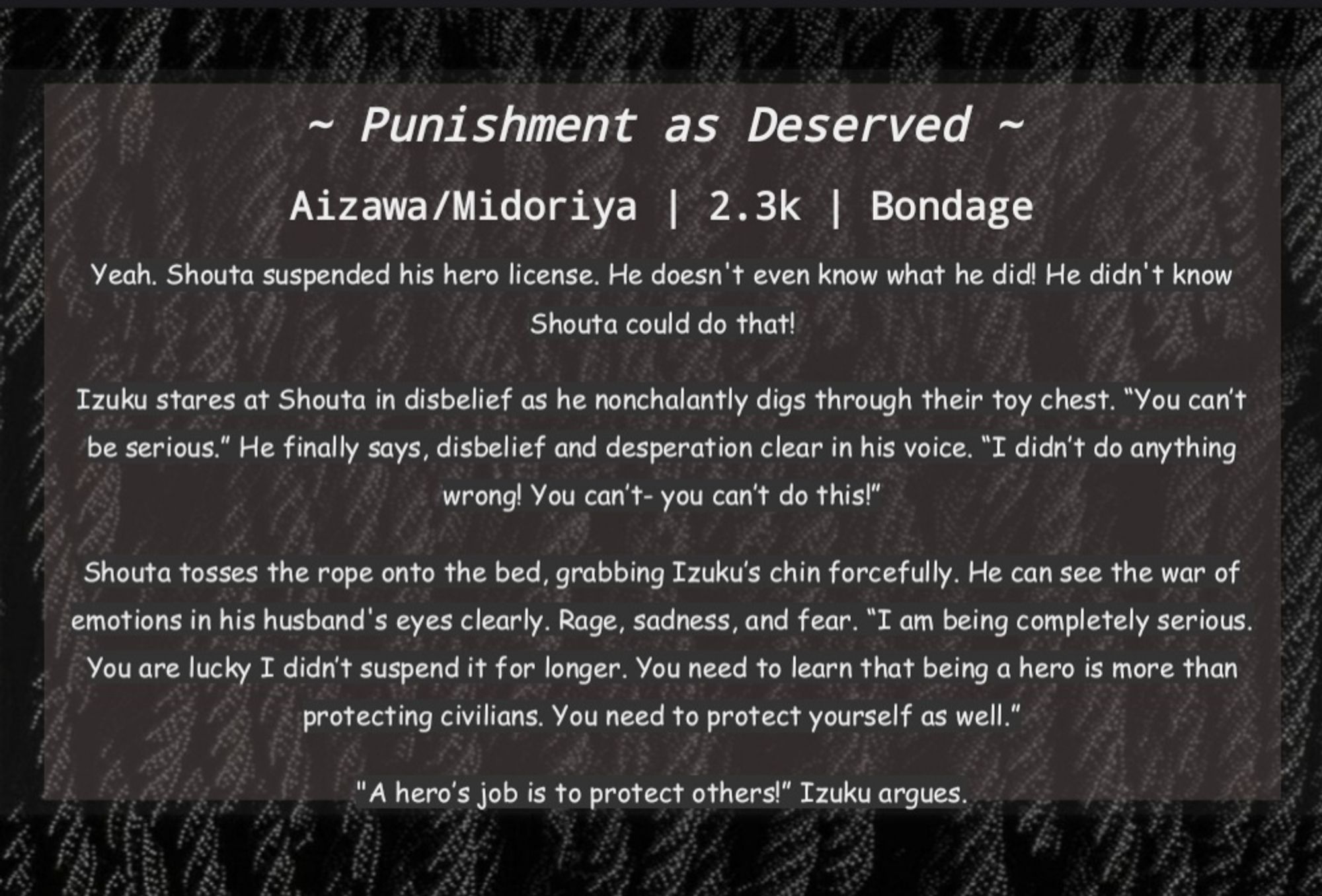 Text contains the summary of Punishment as Deserved by 
why_is_this_my_life