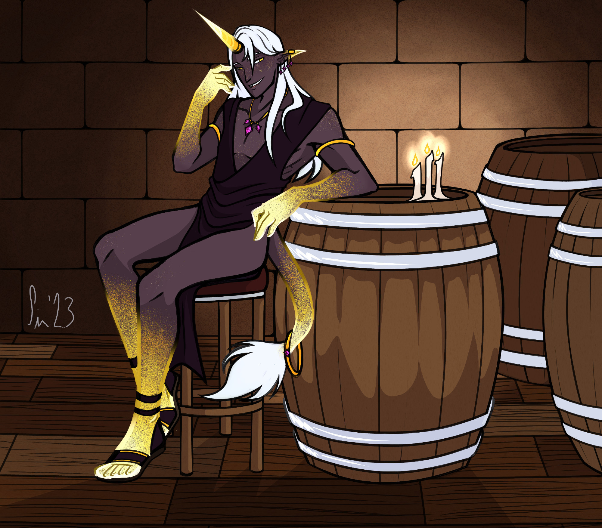 digital drawing of a dungeons and dragons character. He is a brightmaid with dark purple skin and light blue hair. He has a unicorn horn and a tail, both of which glow a light golden yellow. His forearms and legs glow in the same way. He is wearing a revealing purple tunic. He is sitting on a stool, and leaning his weight on a barrel.