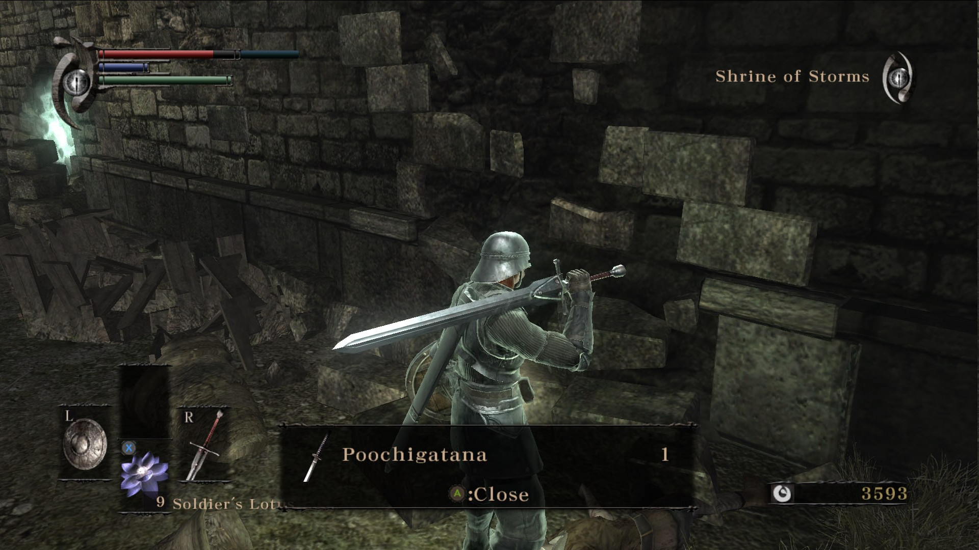 a screenshot of the PS3's Demon's Souls running in an emulator. an item popup on the bottom of the screen reads "Poochigatana"