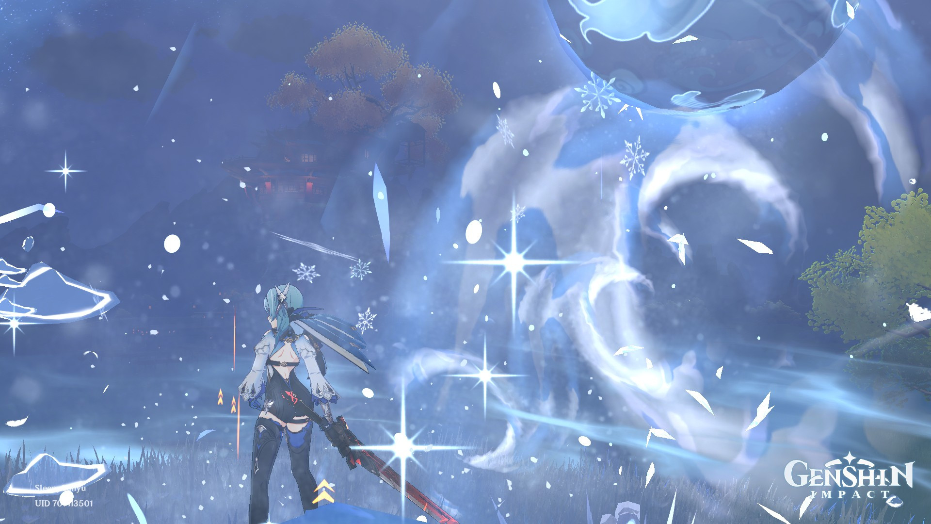 A picture of Eula surrounded by ice particles from her ultimate explosion in Genshin impact